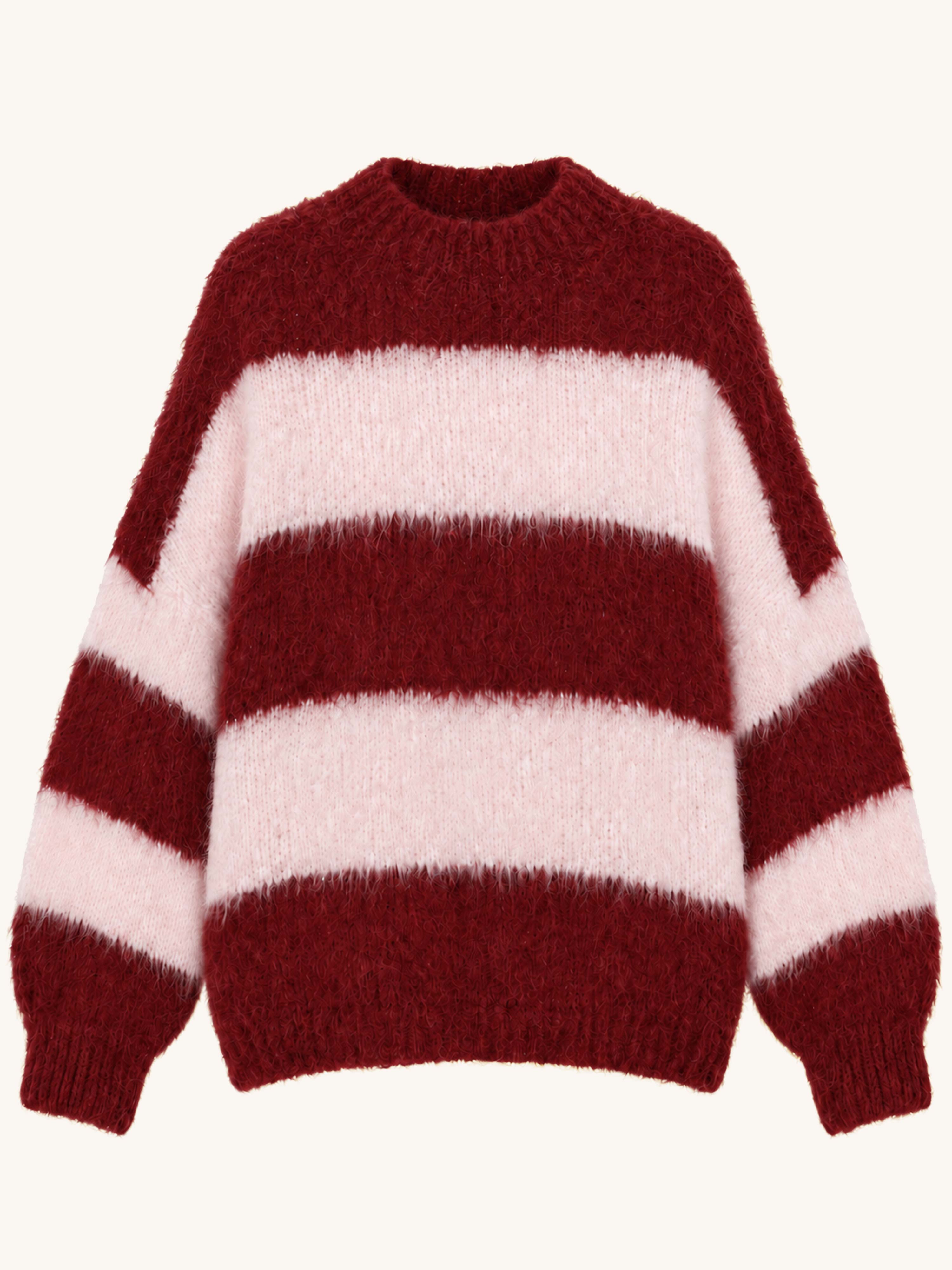Oversize Strickpullover mit Stehkragen FLUFFY - STRIPES - Burgundy/Blush