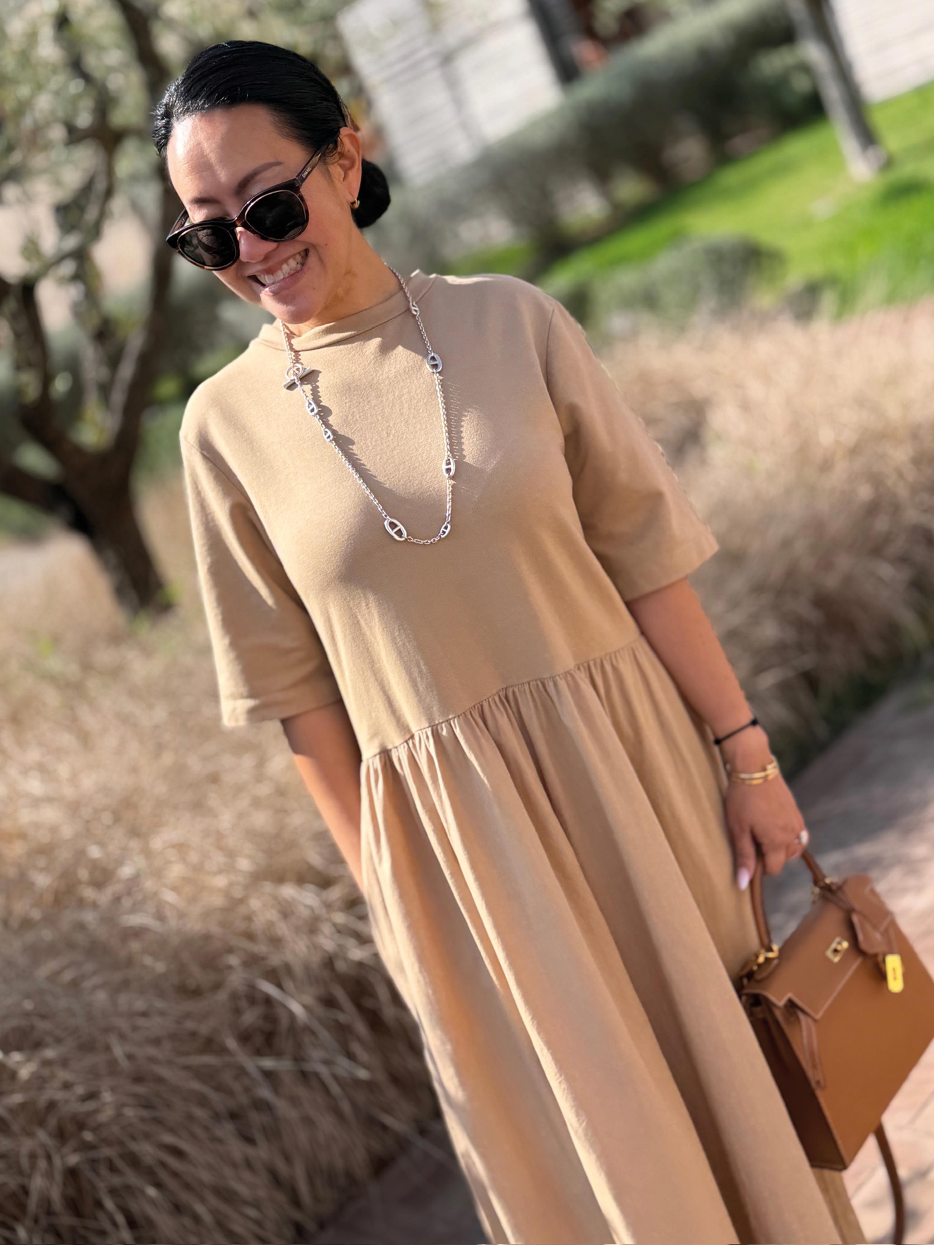 Kurzarm Cotton Kleid mit Seitentaschen - ONESIZE - Camel