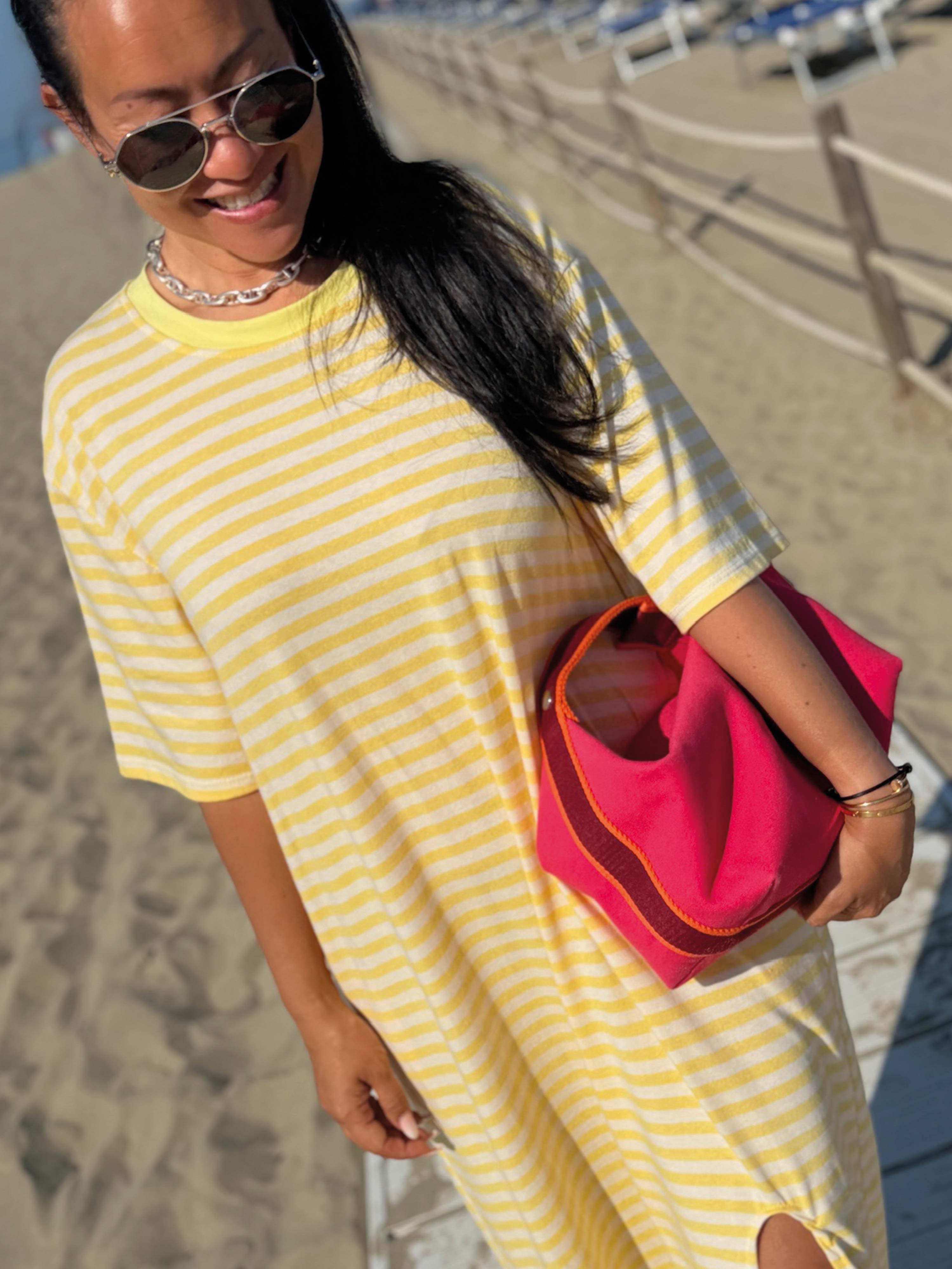 Kurzarm Kleid mit Seitentaschen - CURVY - Stripes Lemon