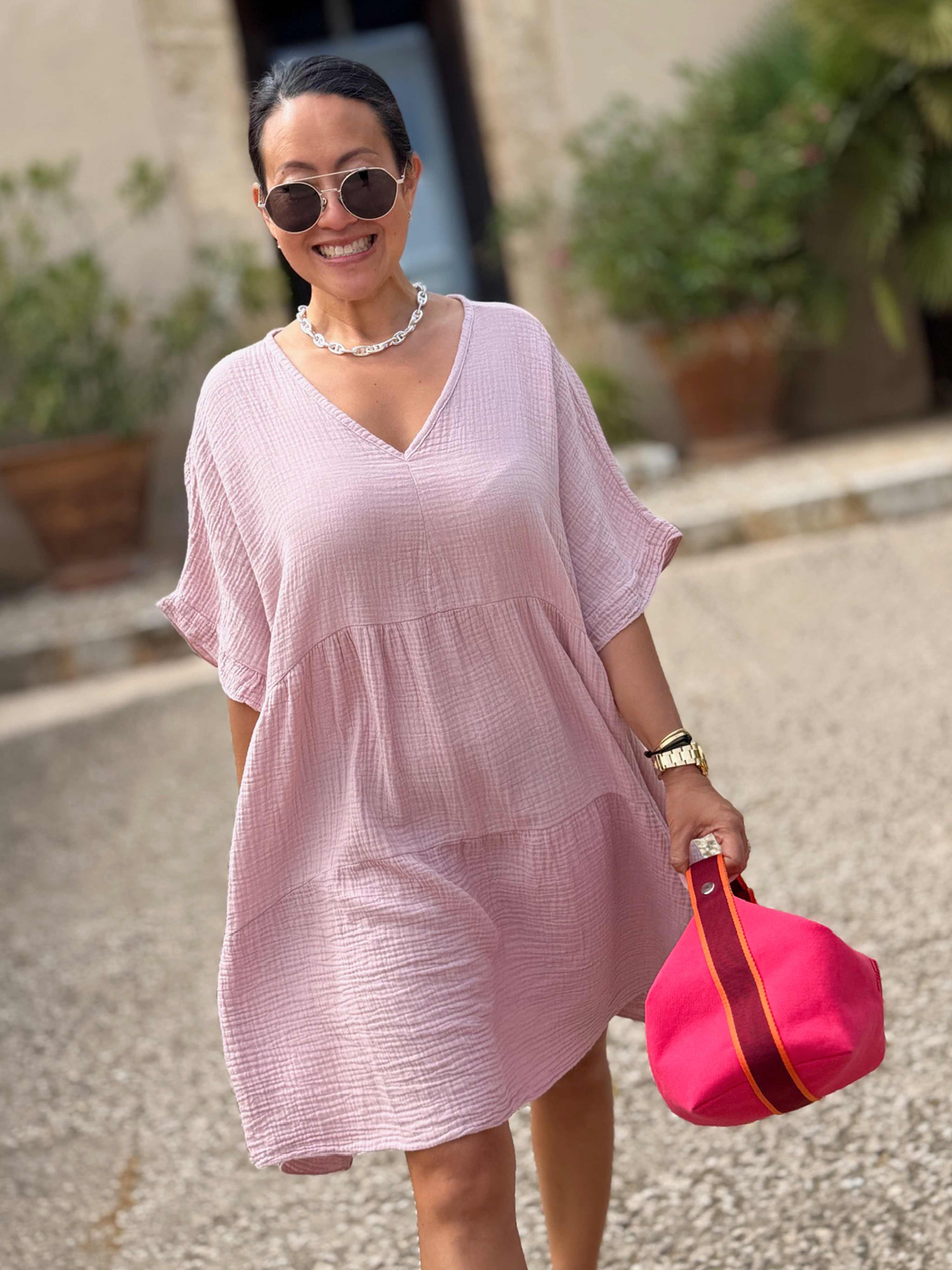 Musselin Tunika Midi mit V-Ausschnitt - Blush