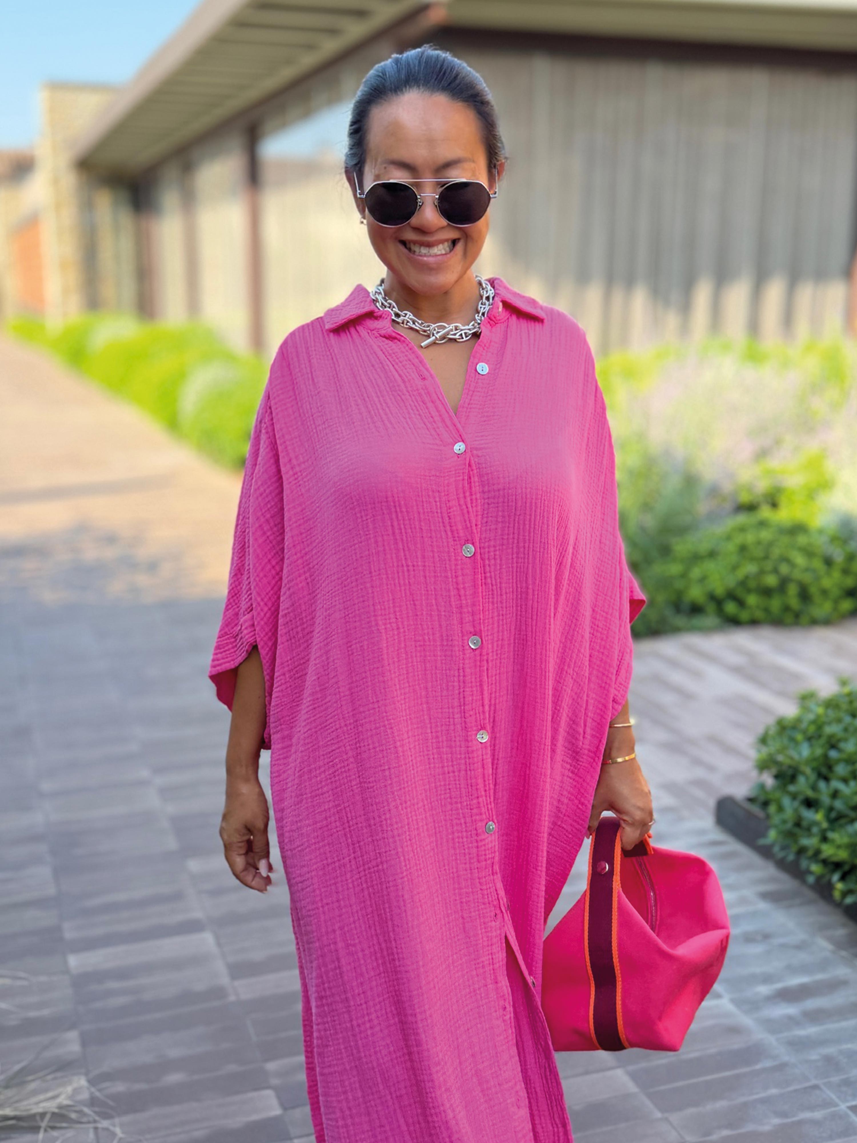 Musselin Oversize Kurzarm Blusenkleid - CAPRI - Pink