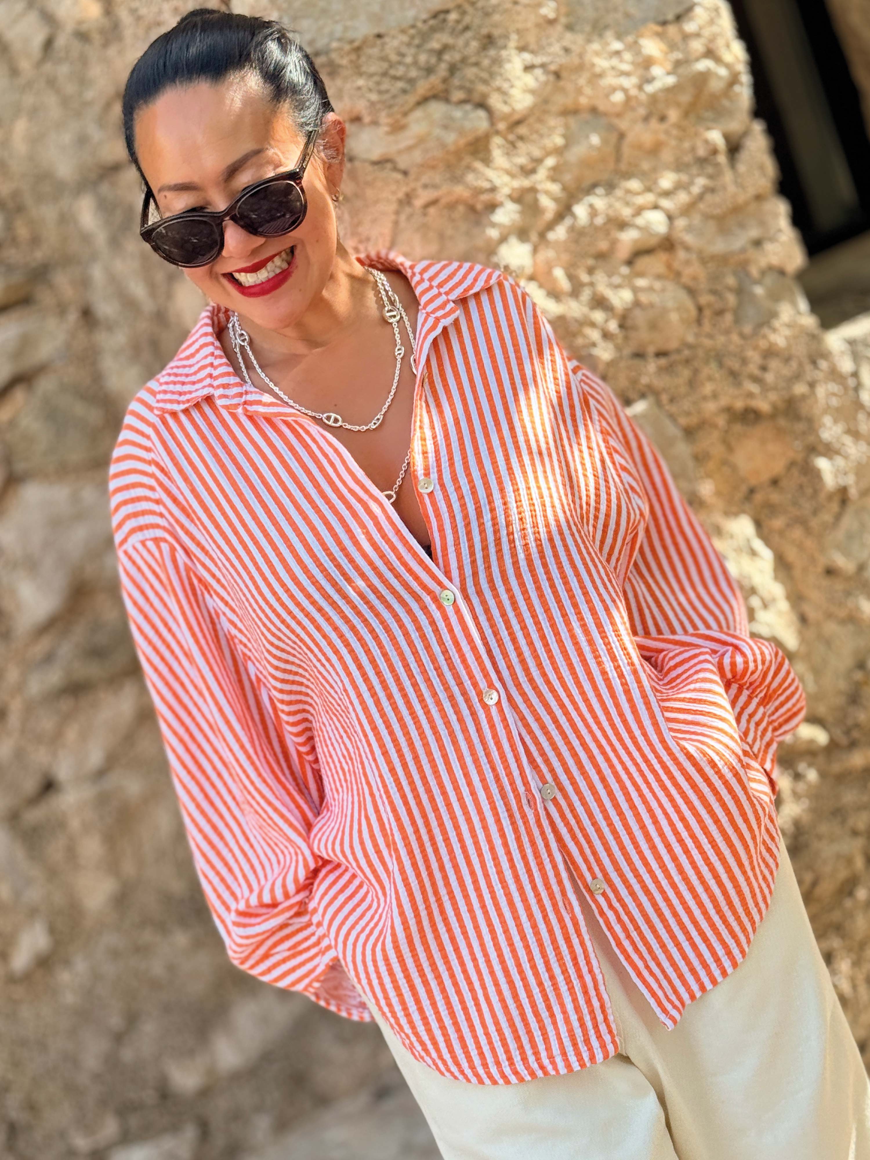 Musselin Midi Oversize Bluse - STRIPES - Orange/Weiss Musselin Midi Oversize Bluse - STRIPES - Orange/Weiss