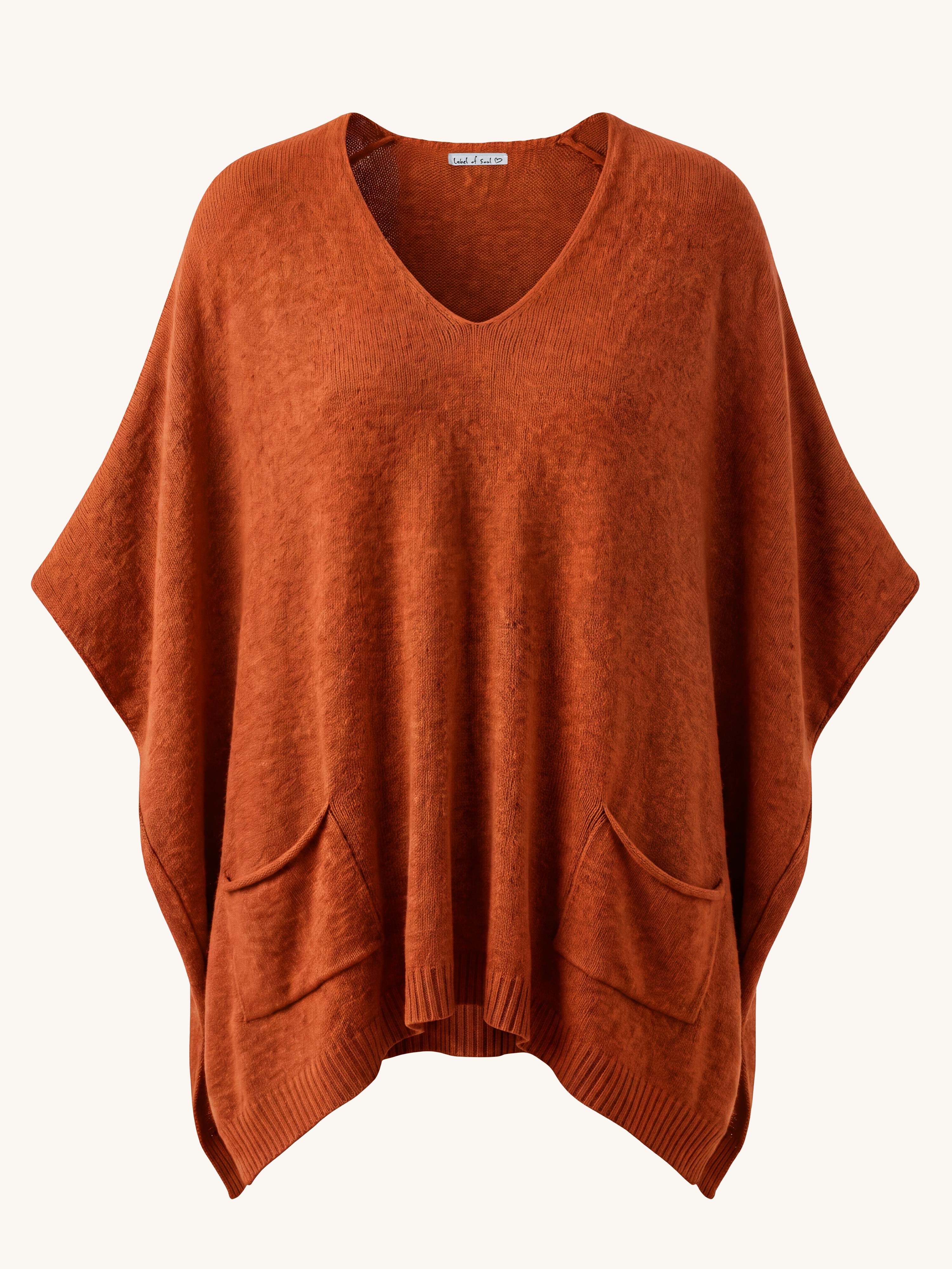 Oversize Viskose Strick Poncho mit V-Ausschnitt - Pumpkin