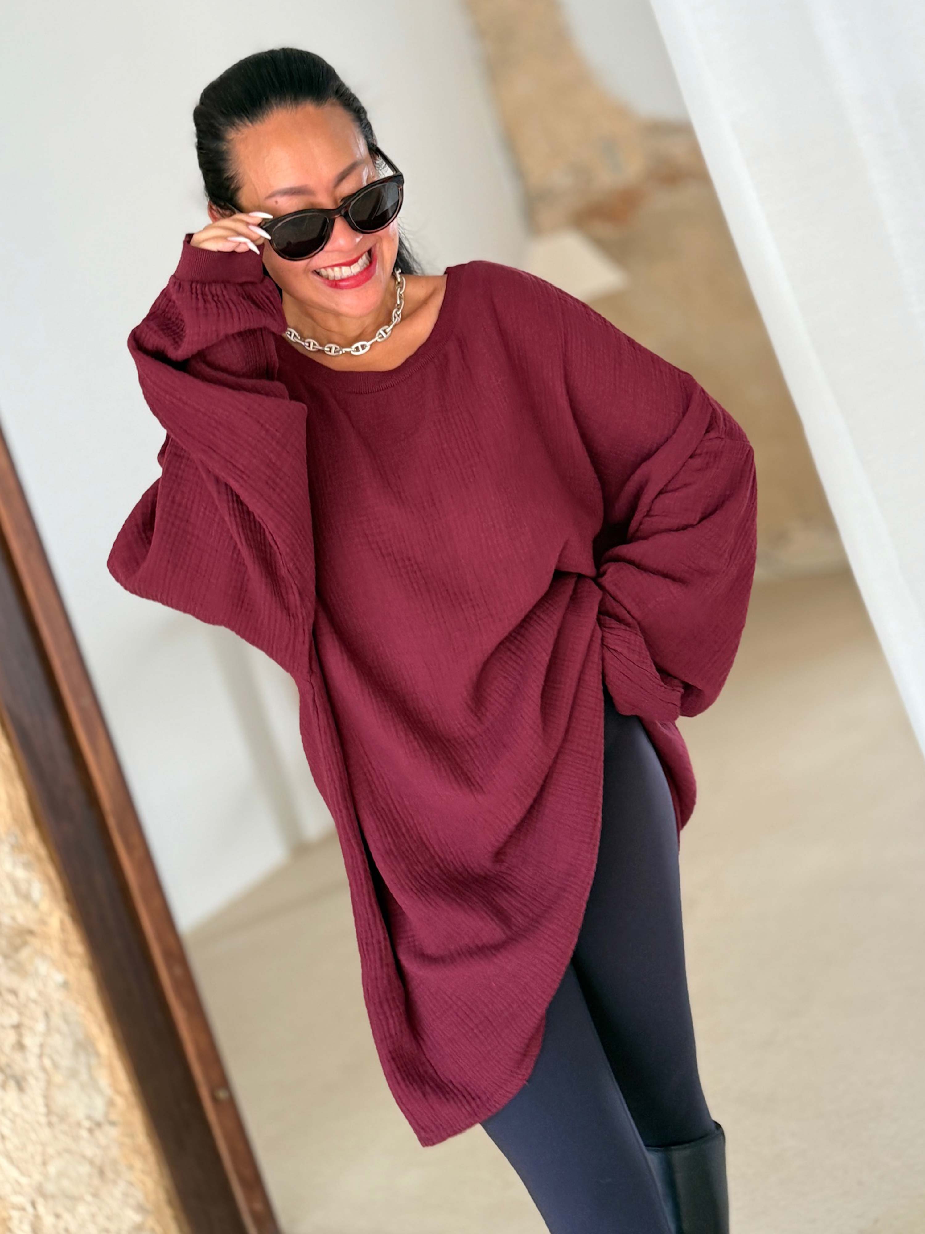 Musselin Oversize Sweatshirt - Burgunder