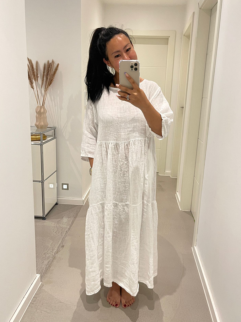 9879-Weiss-2 Leinenkleid Kurzarm Verona - Weiss