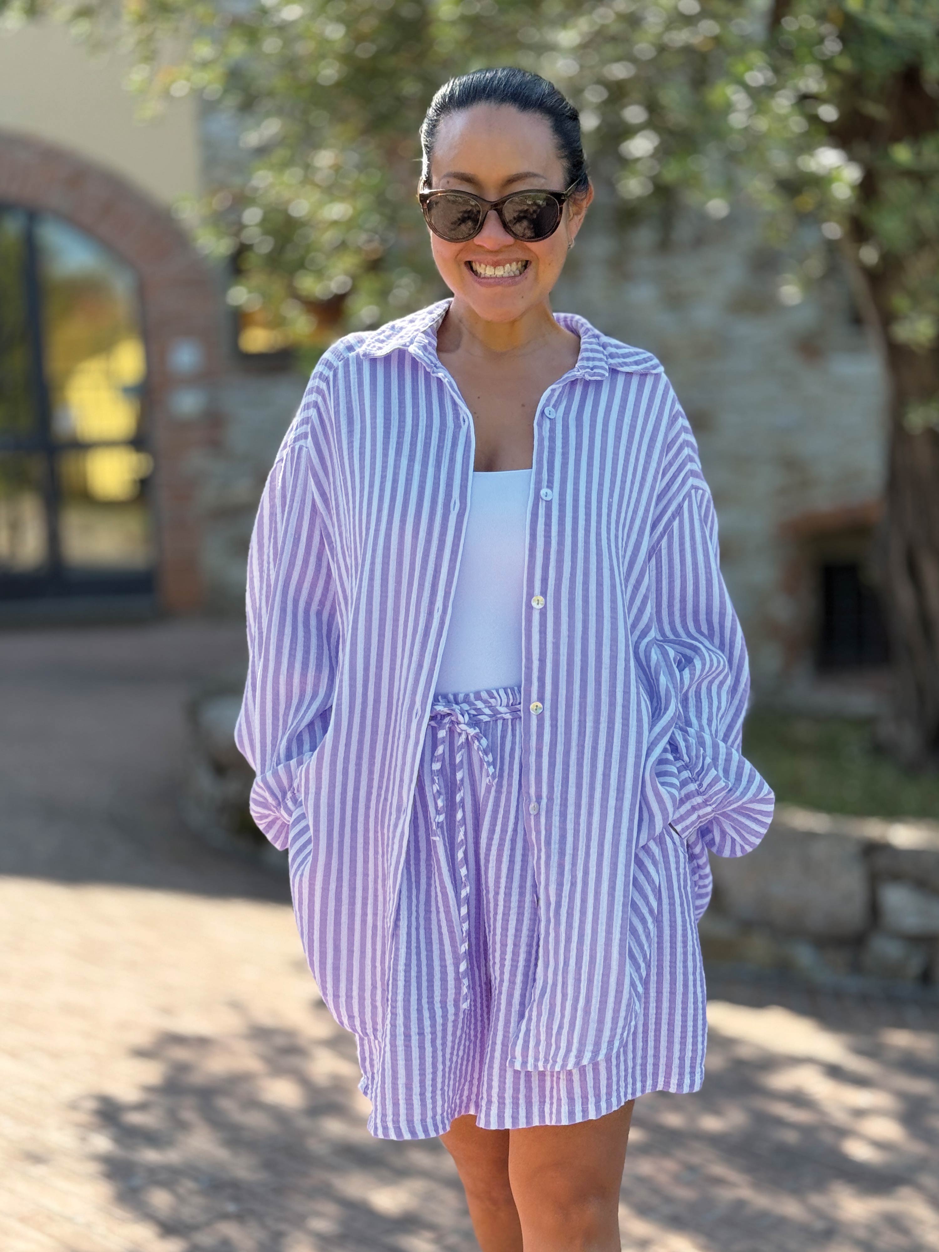 Musselin Midi Oversize Bluse - SUMMER BREEZE - Stripes Flieder Musselin Midi Oversize Bluse - SUMMER BREEZE - Stripes Flieder