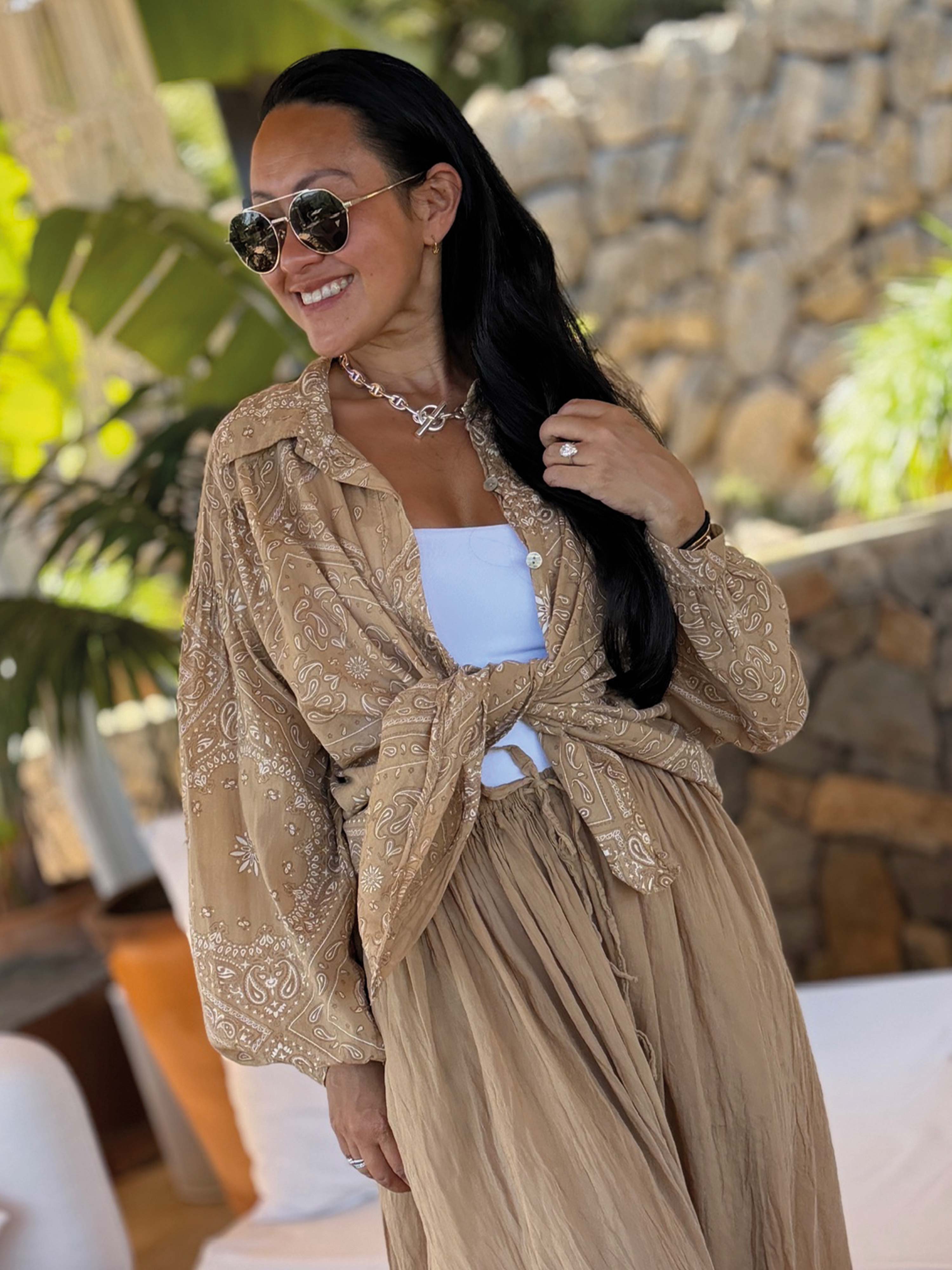 Cotton Paisley Midi Bluse - BoHo - Camel