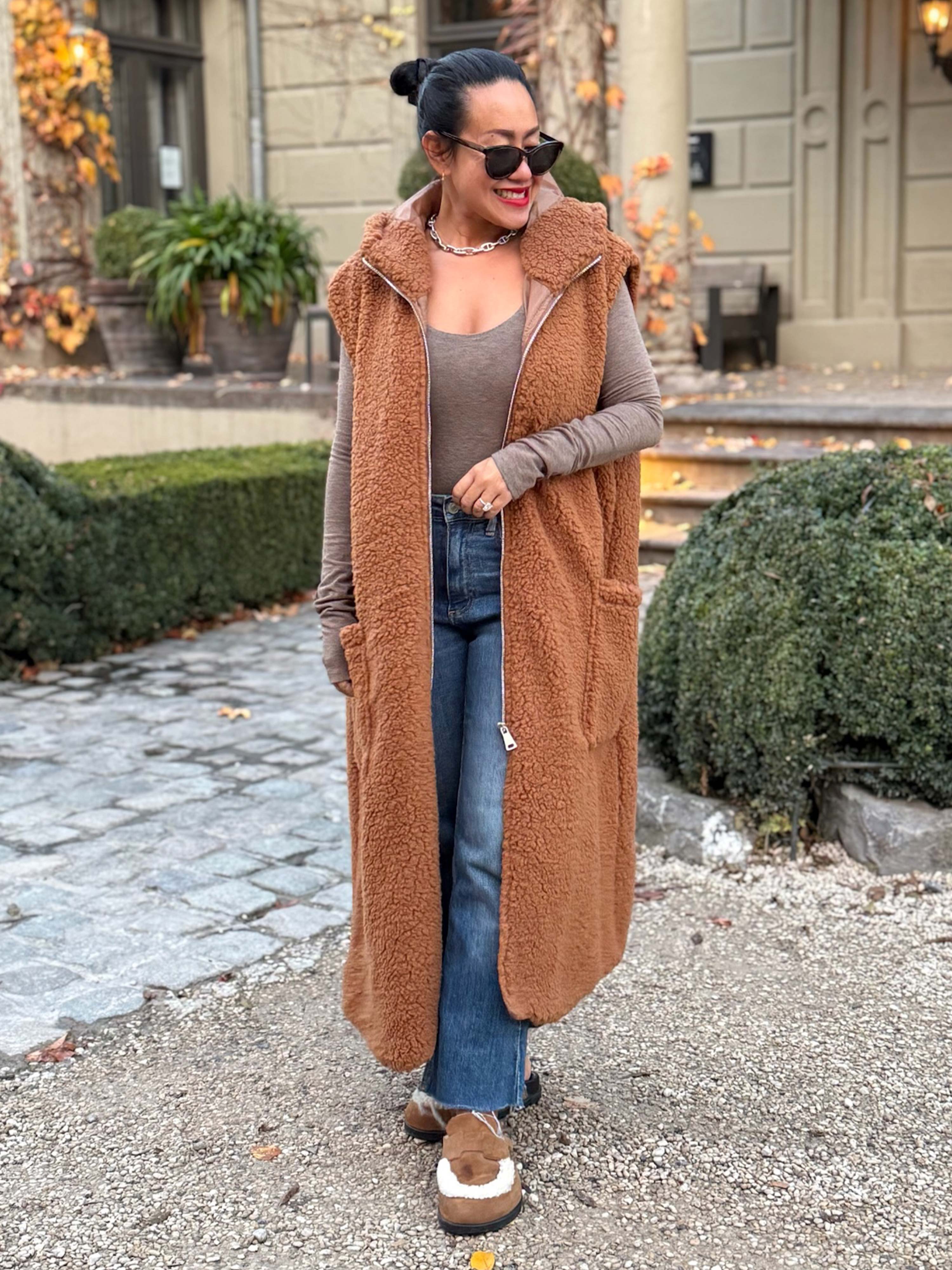 Teddylook Long Weste mit Kapuze - Camel