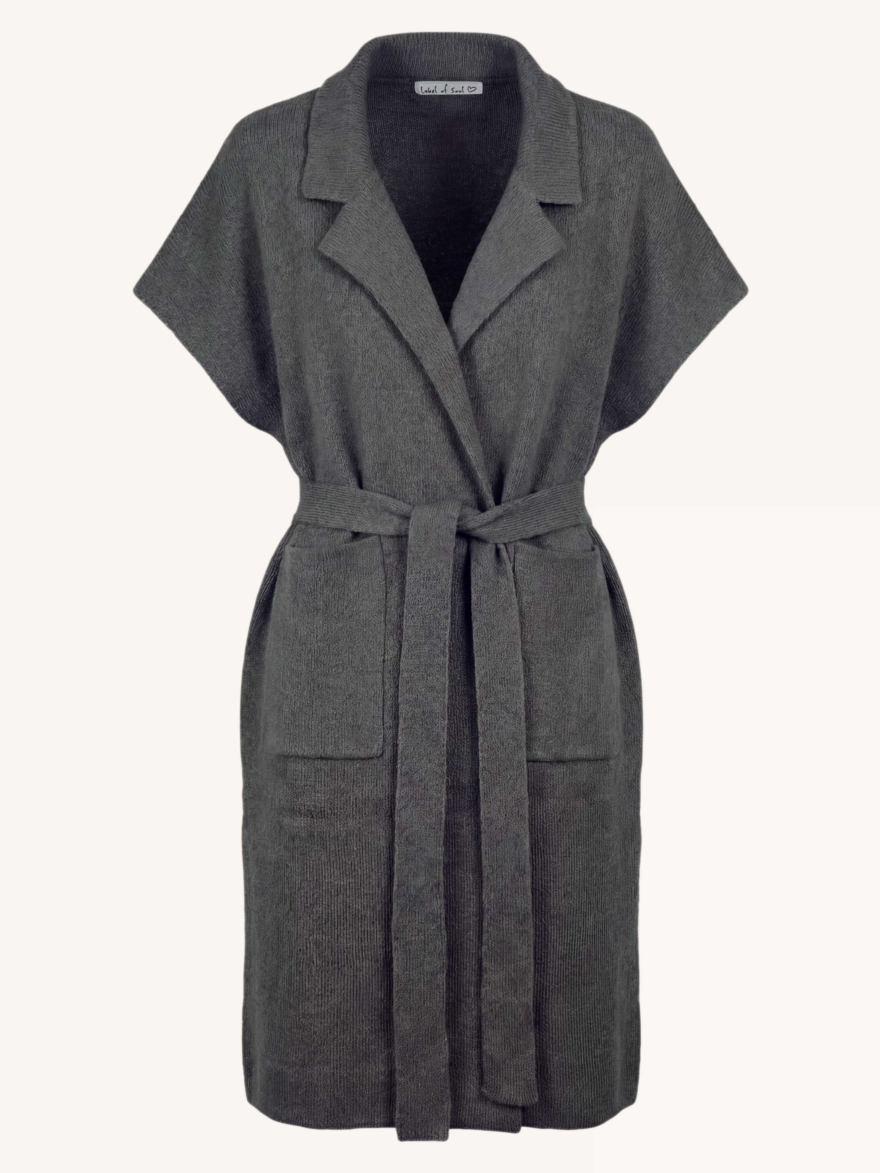 Ärmelloser Oversize Strickmantel mit Gürtel - Anthrazit