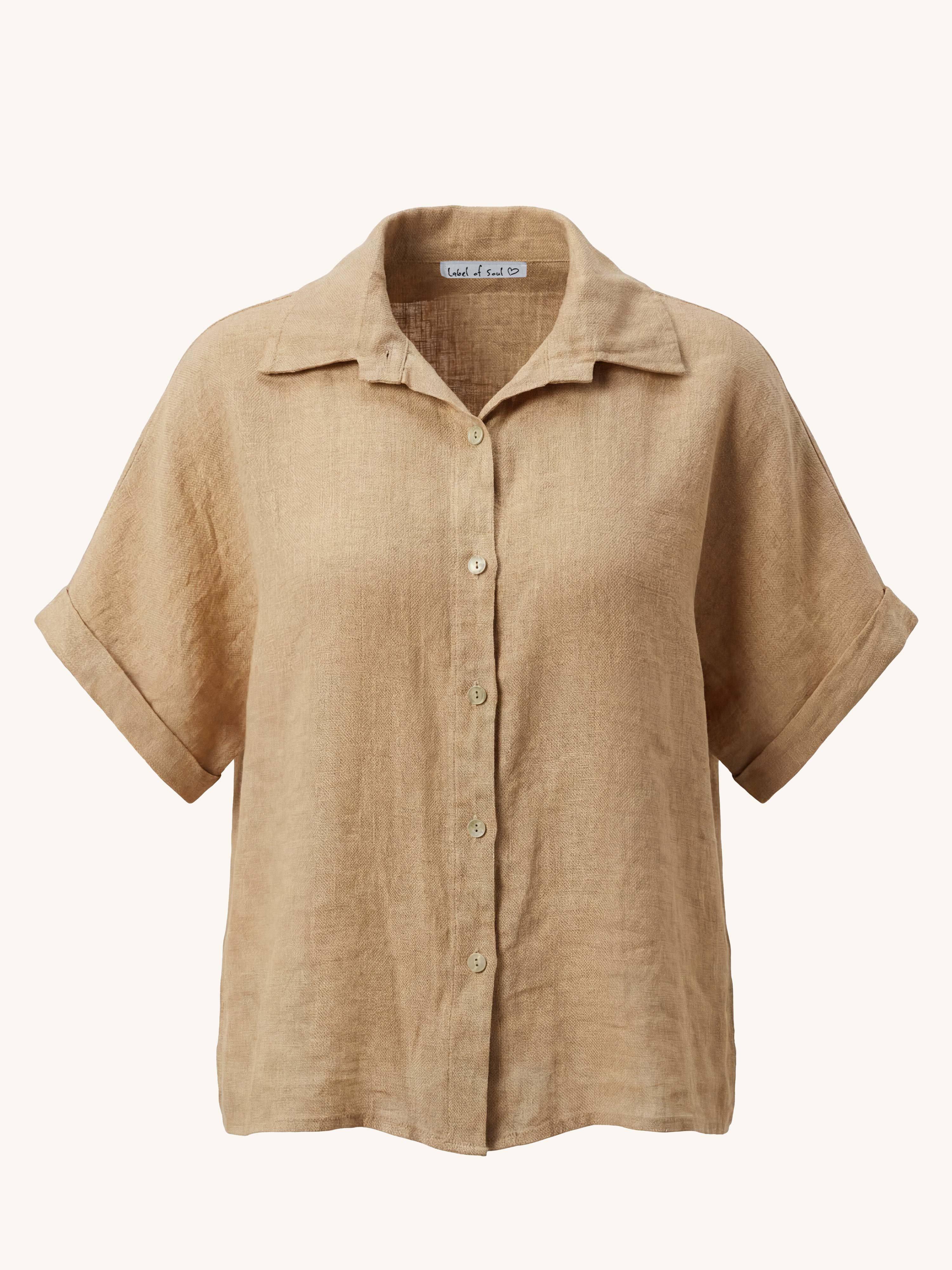 Leinen Kurzarm Bluse MIDI - Camel