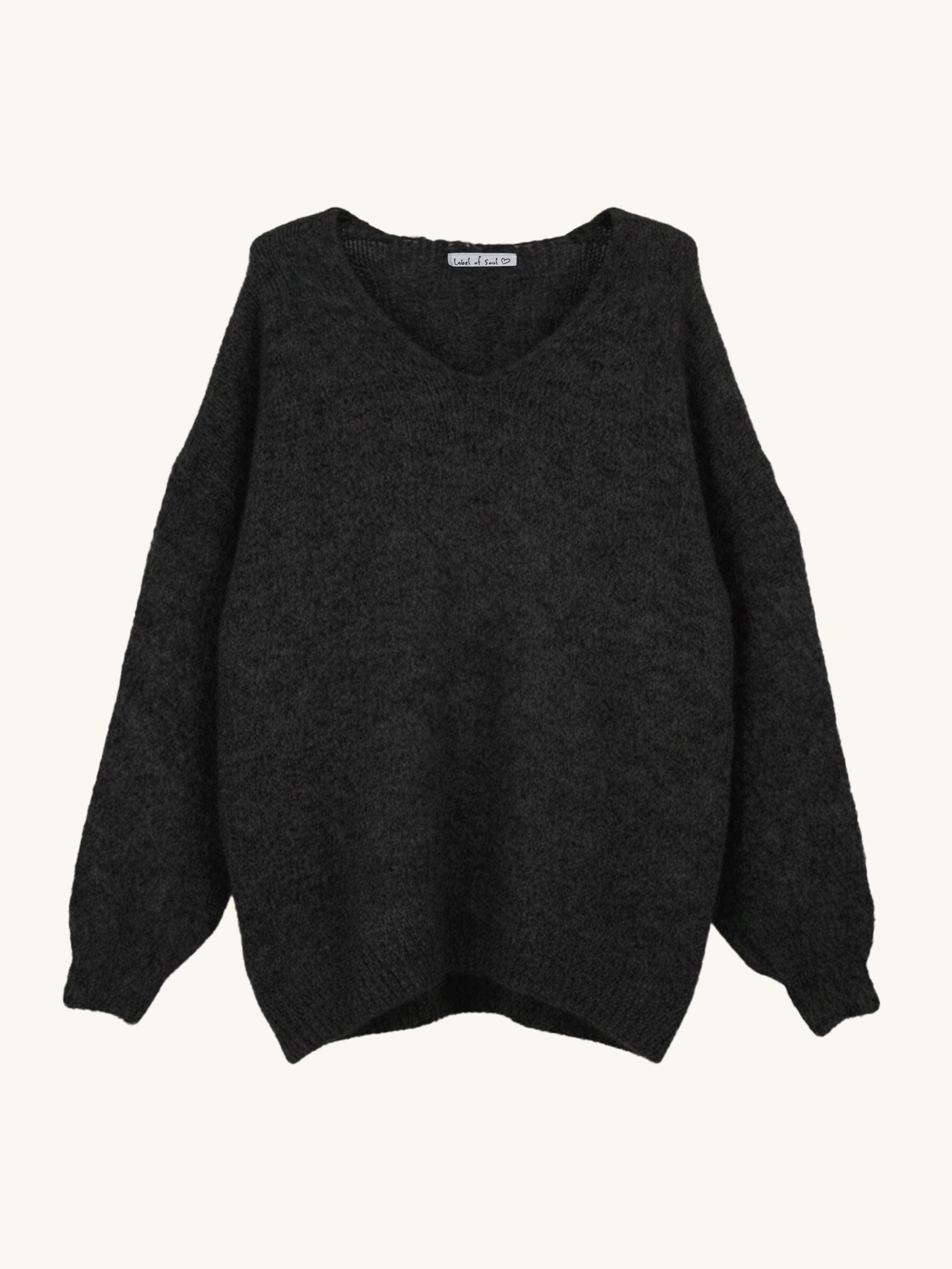 Oversize V-Ausschnitt Strickpullover mit Alpakawollanteil - Schwarz