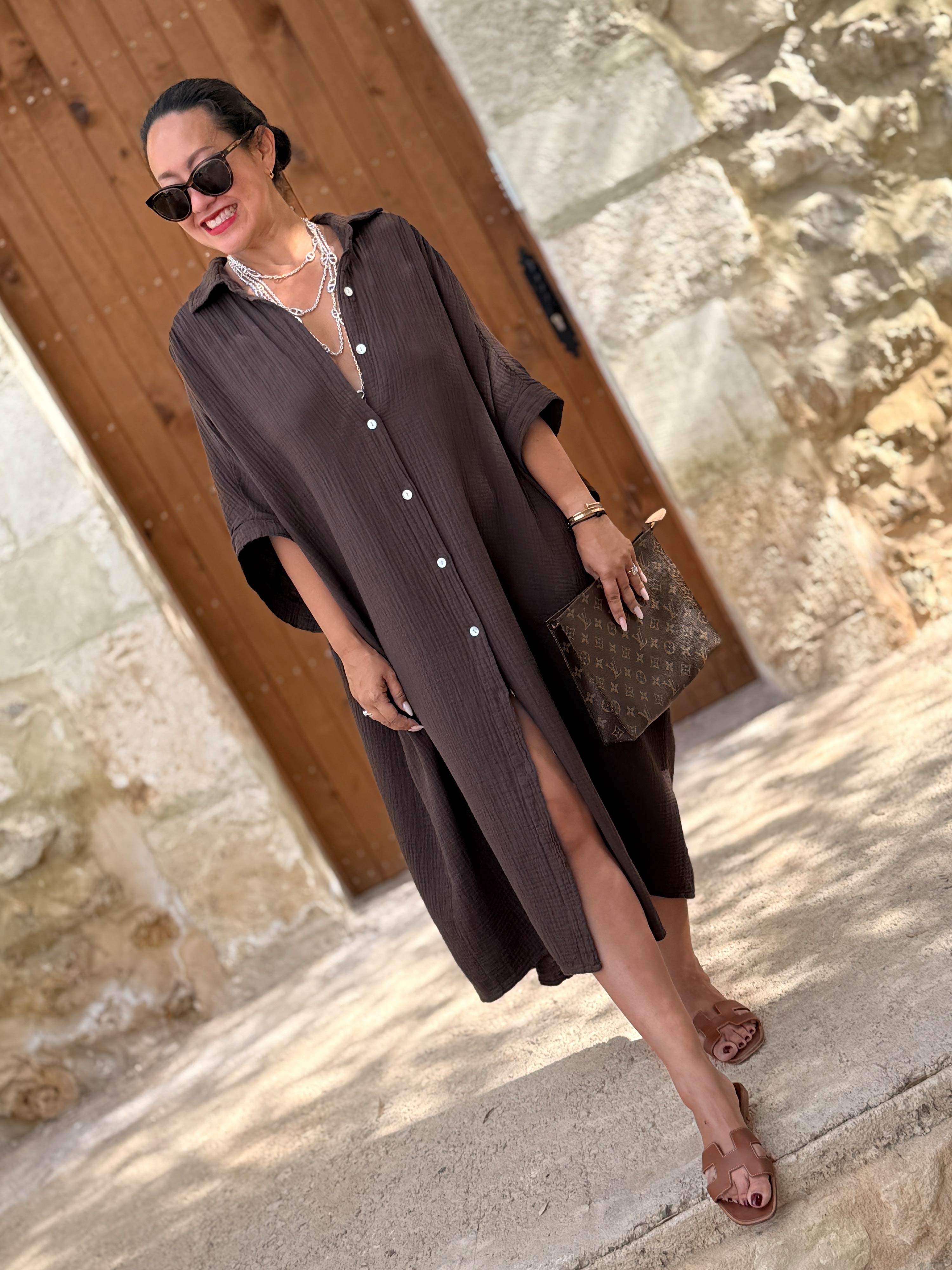 Musselin Oversize Kleid mit Taschen - LANA - Schoko Musselin Oversize Kleid mit Taschen - LANA - Schoko