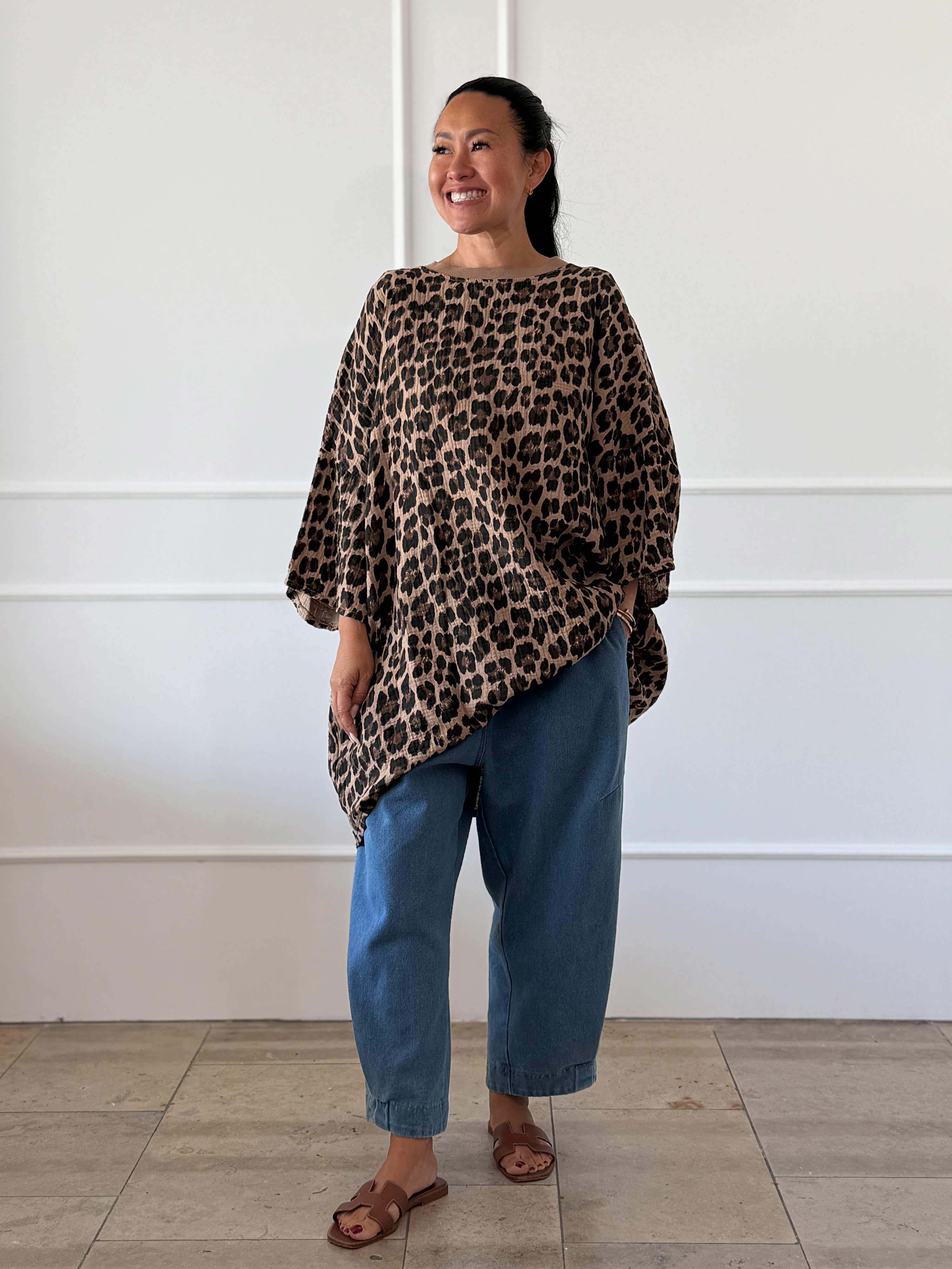 Musselin Oversize Kurzarm Shirt - Leo Camel