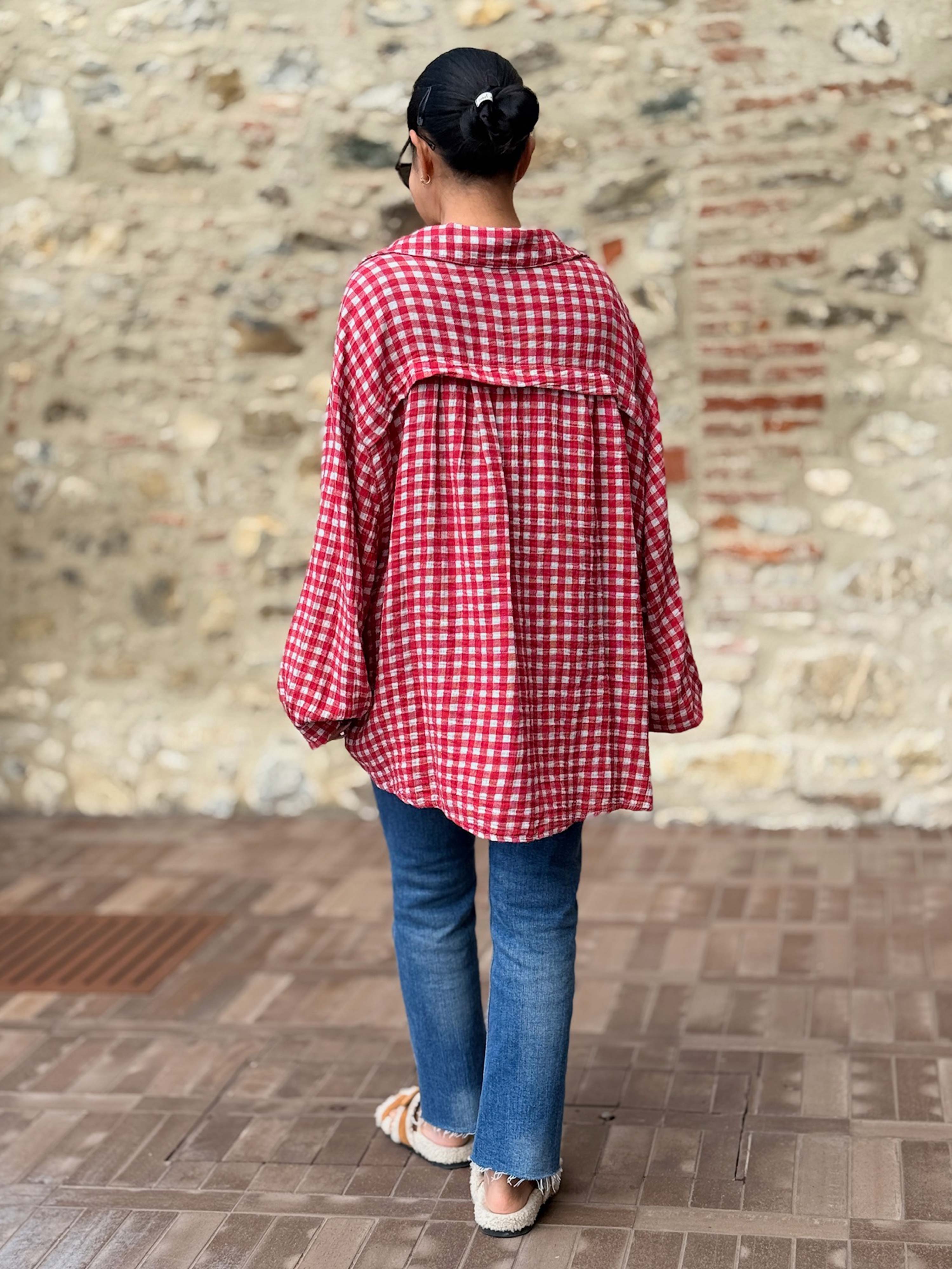 Musselin Midi Oversize Bluse - KARO Rot Musselin Midi Oversize Bluse - KARO Rot