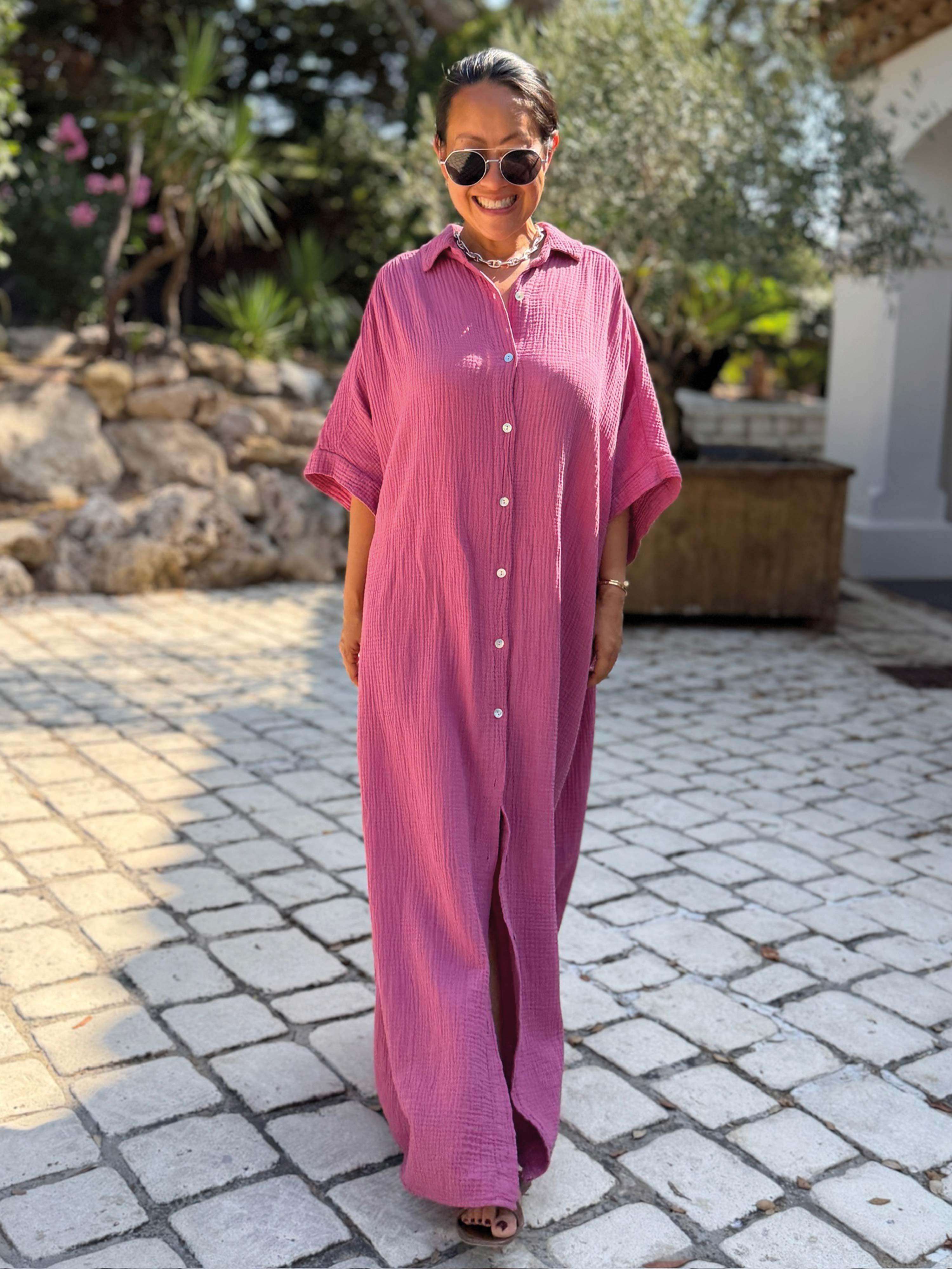 Musselin Oversize Kurzarm Blusenkleid - CAPRI - Beere
