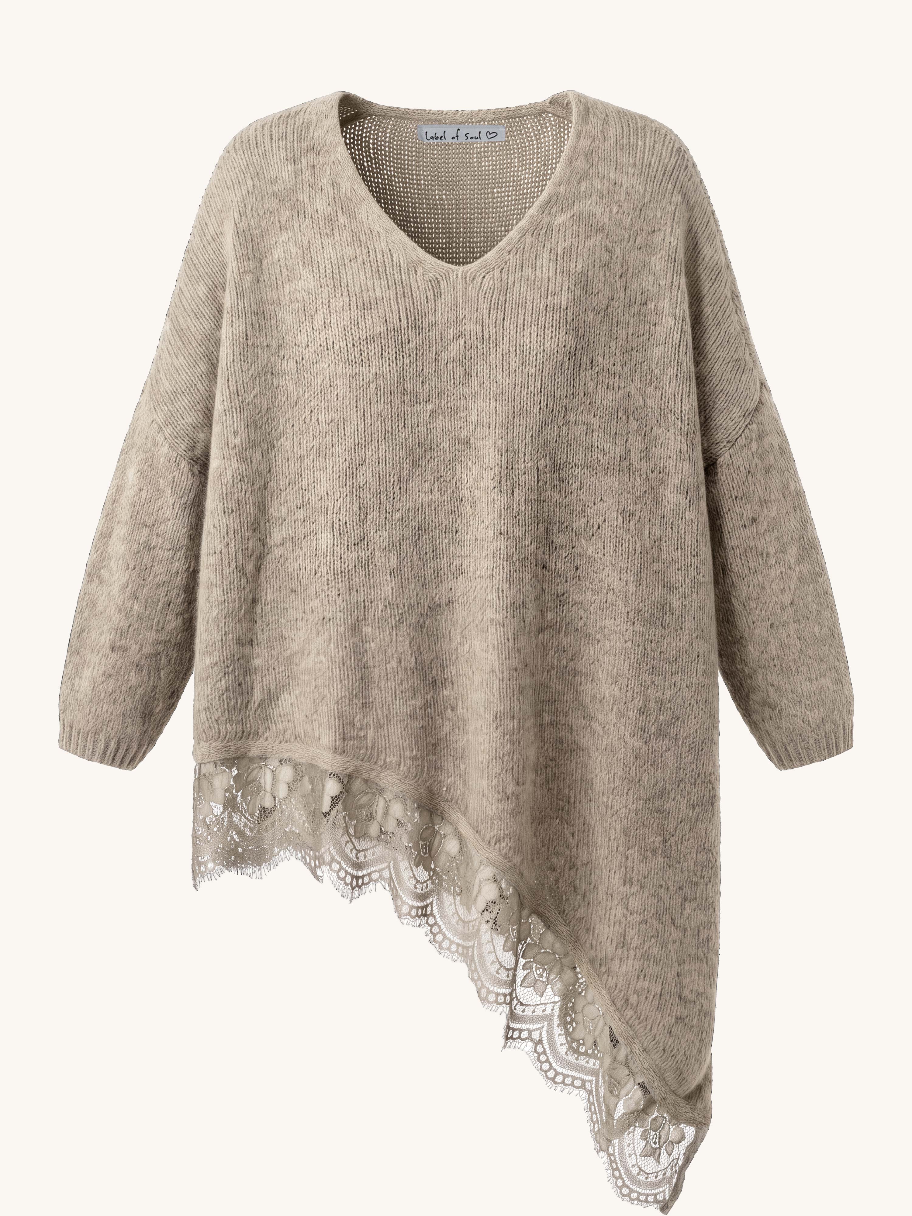 Oversize Strickpullover mit Spitzensaum - FLAUSCHI - Beige