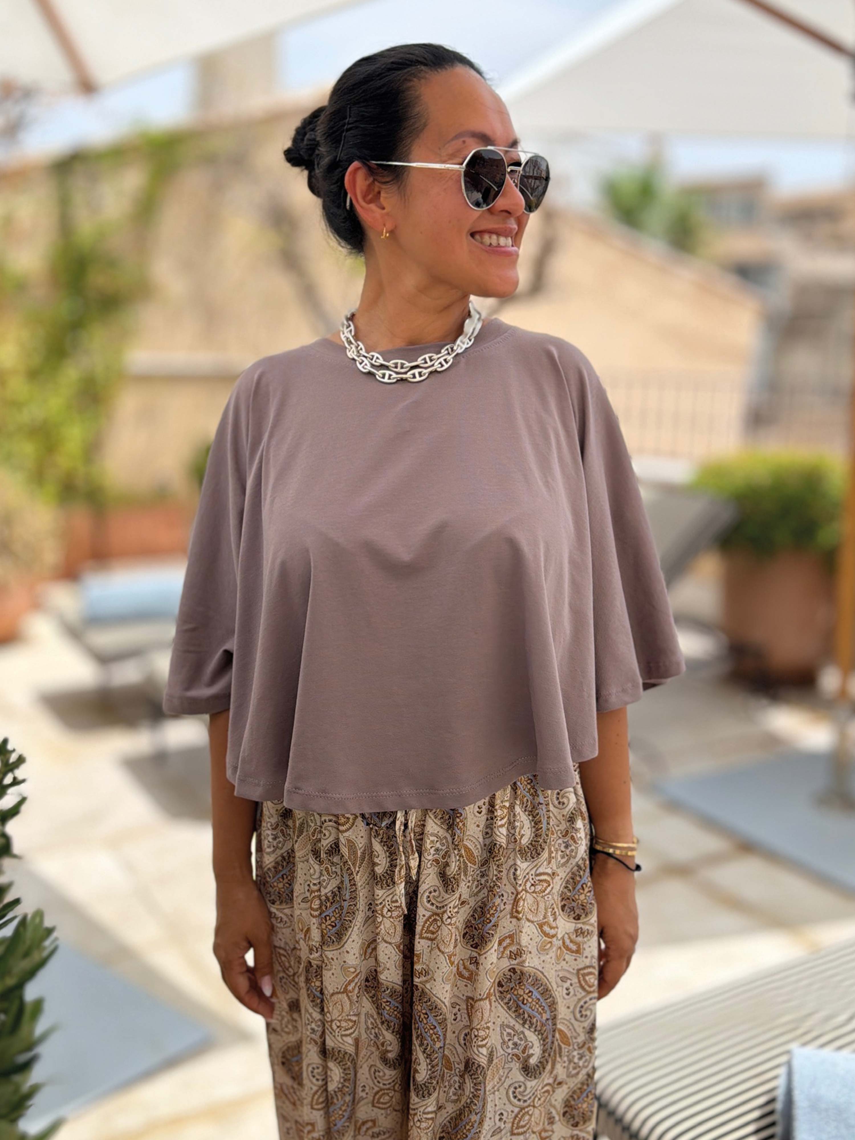 Basic Oversize Kurzarm Poncho Shirt - ONESIZE - Taupe