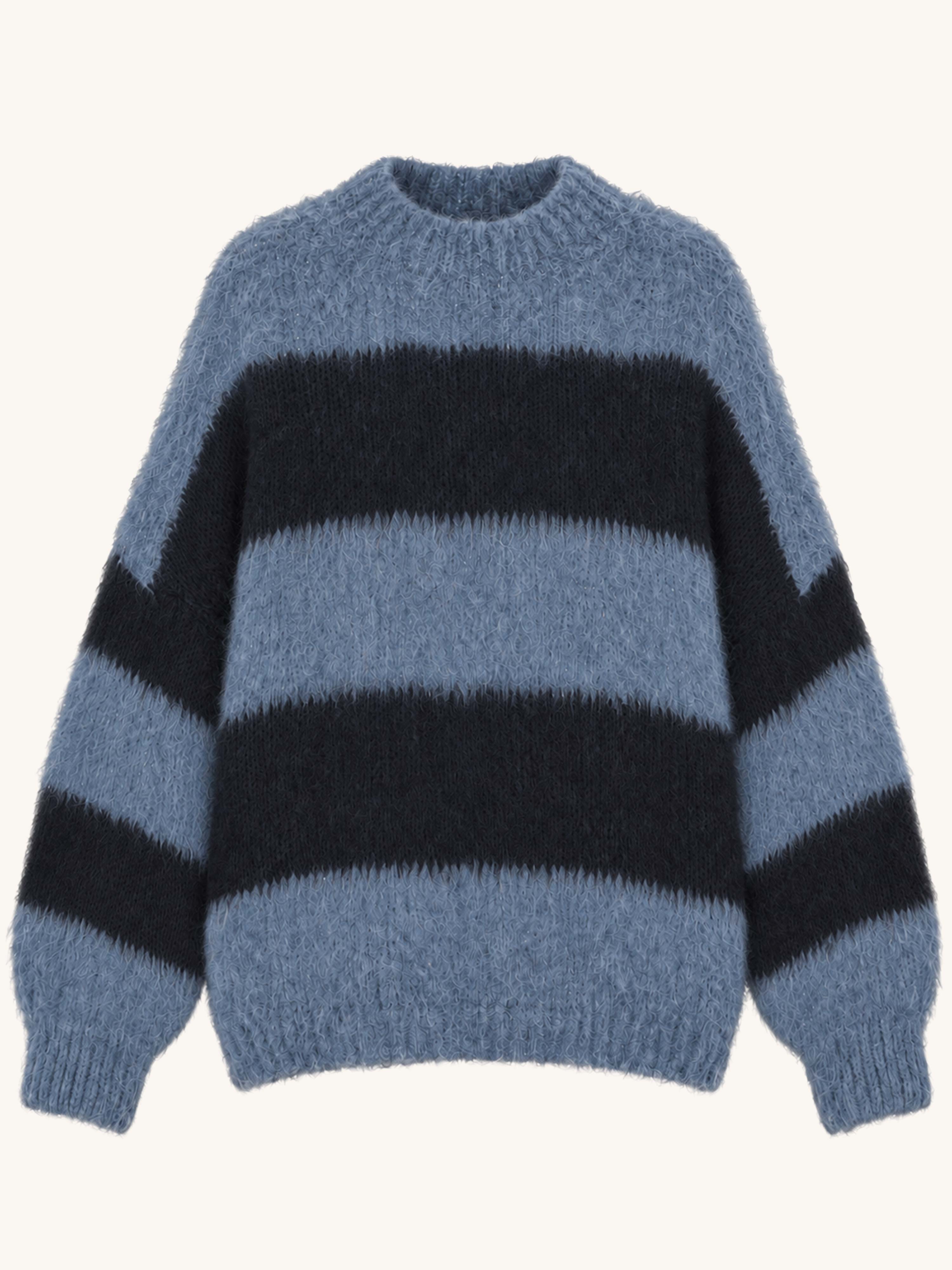 Oversize Strickpullover mit Stehkragen FLUFFY - STRIPES - Navy/Blau