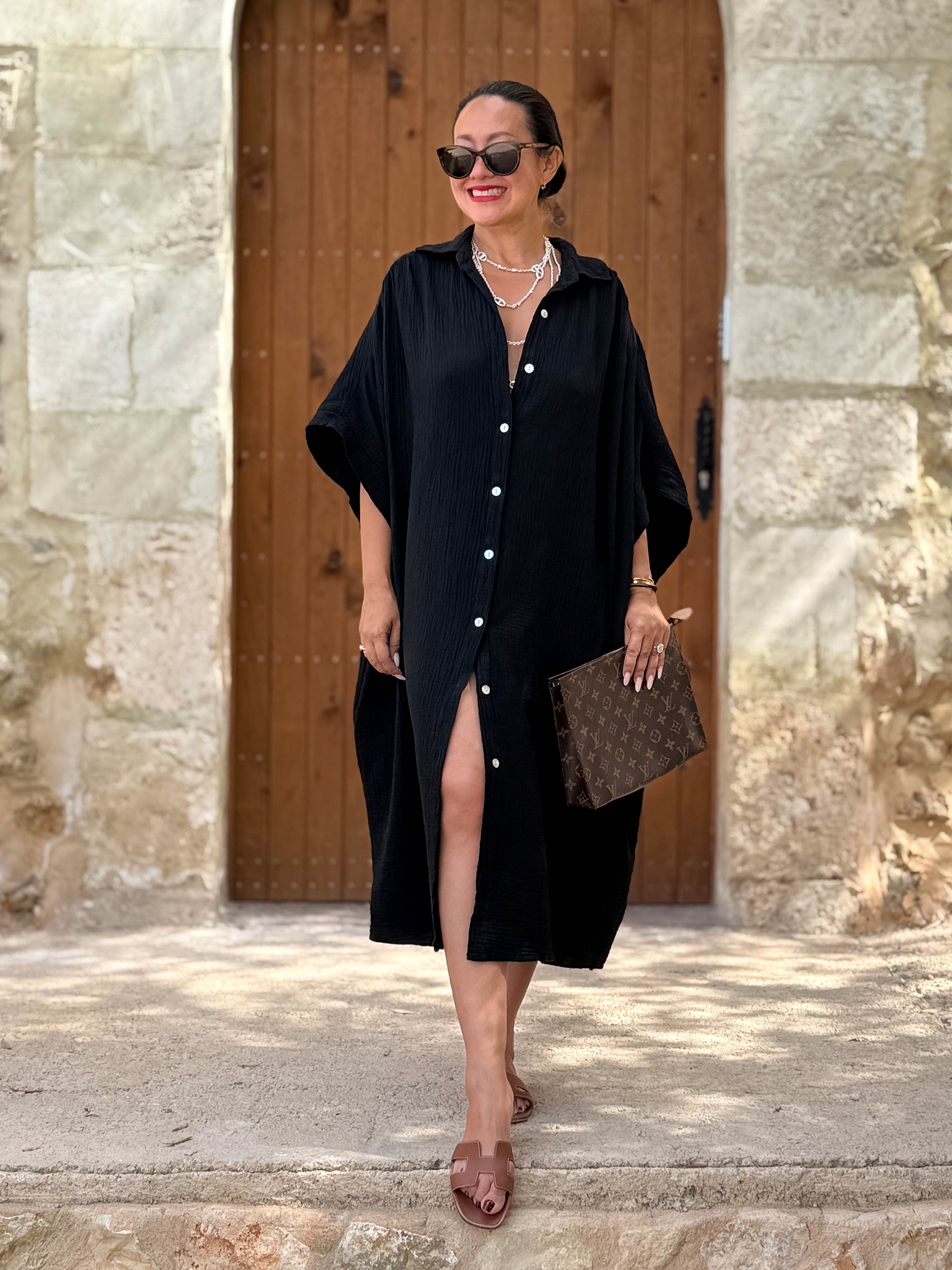 Musselin Oversize Kurzarm Blusenkleid - LANA - Schwarz Musselin Oversize Kurzarm Blusenkleid - LANA - Schwarz