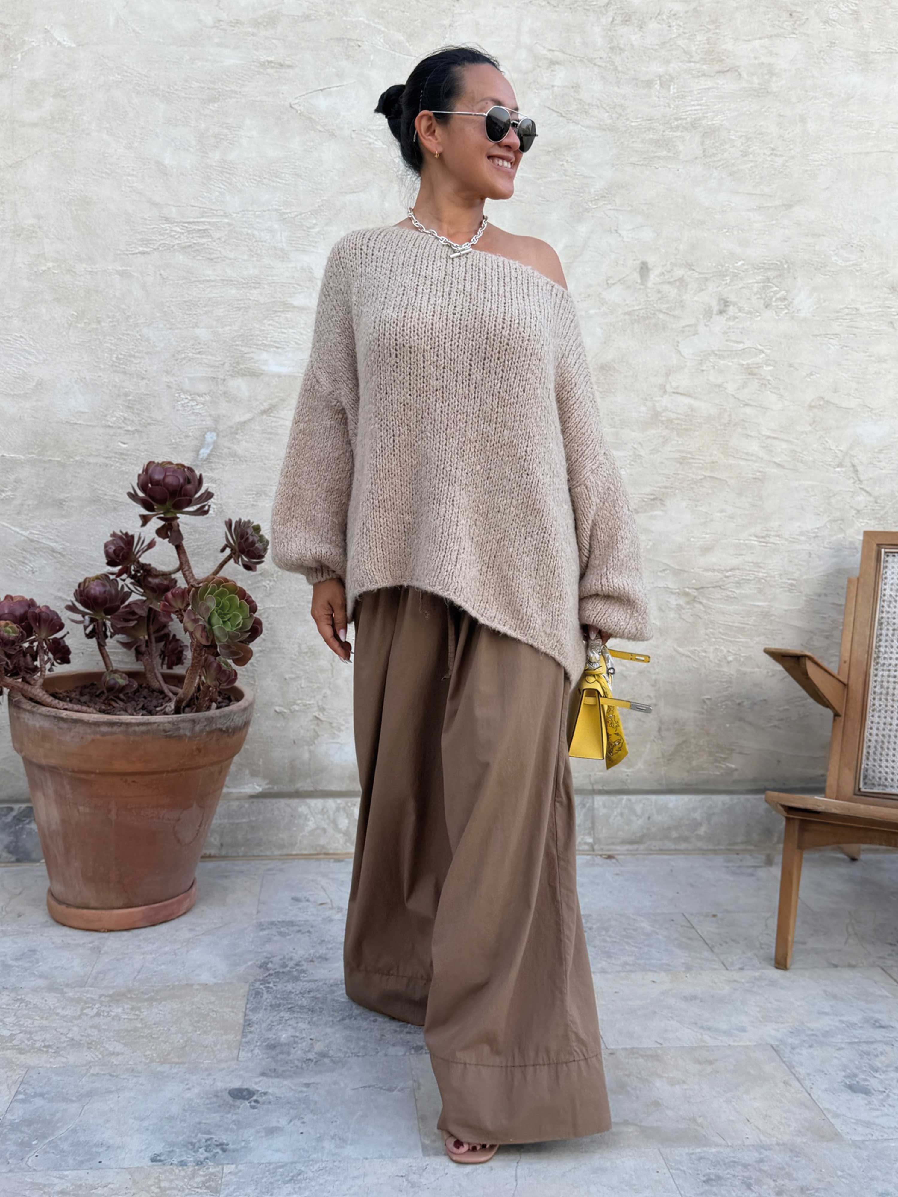 Oversize Cropped Strickpullover - FLAUSCHI - Beige