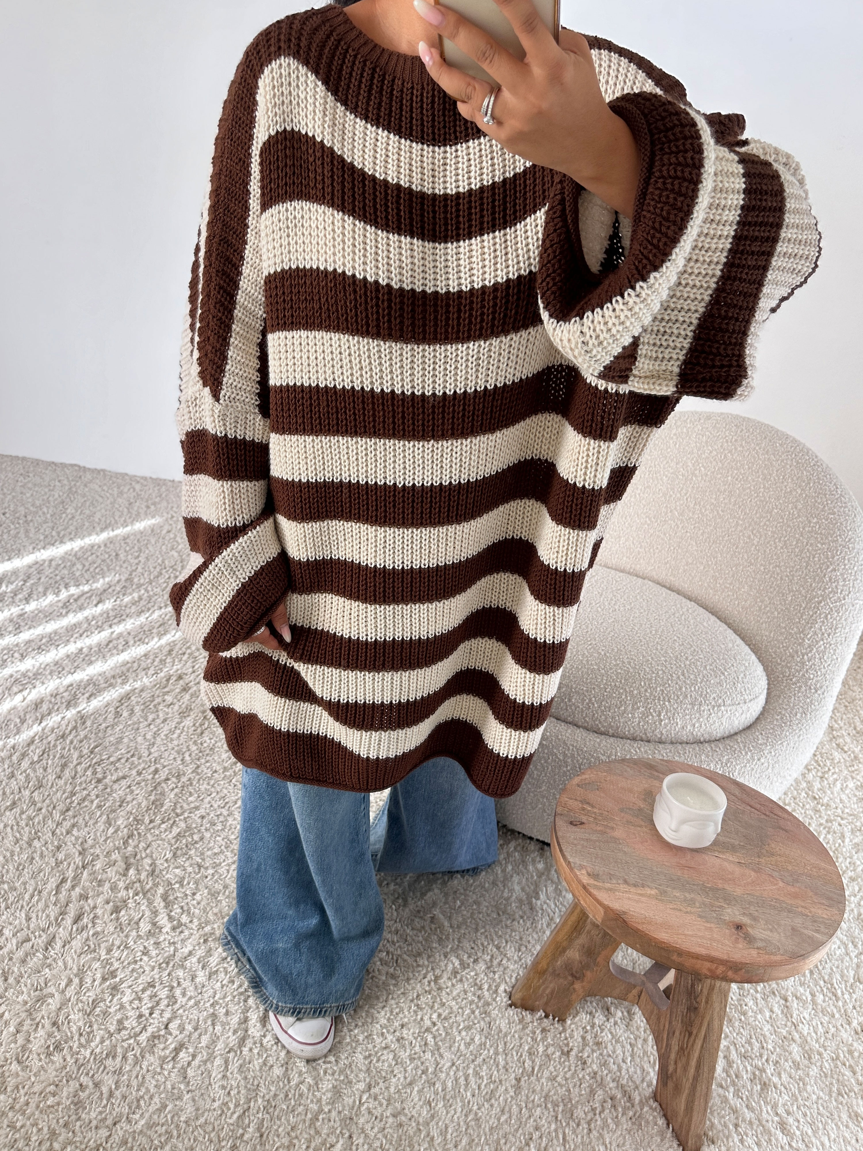 Schwerstrickpullover - CURVY - STRIPES - Coffee Schwerstrickpullover - CURVY - STRIPES - Coffee