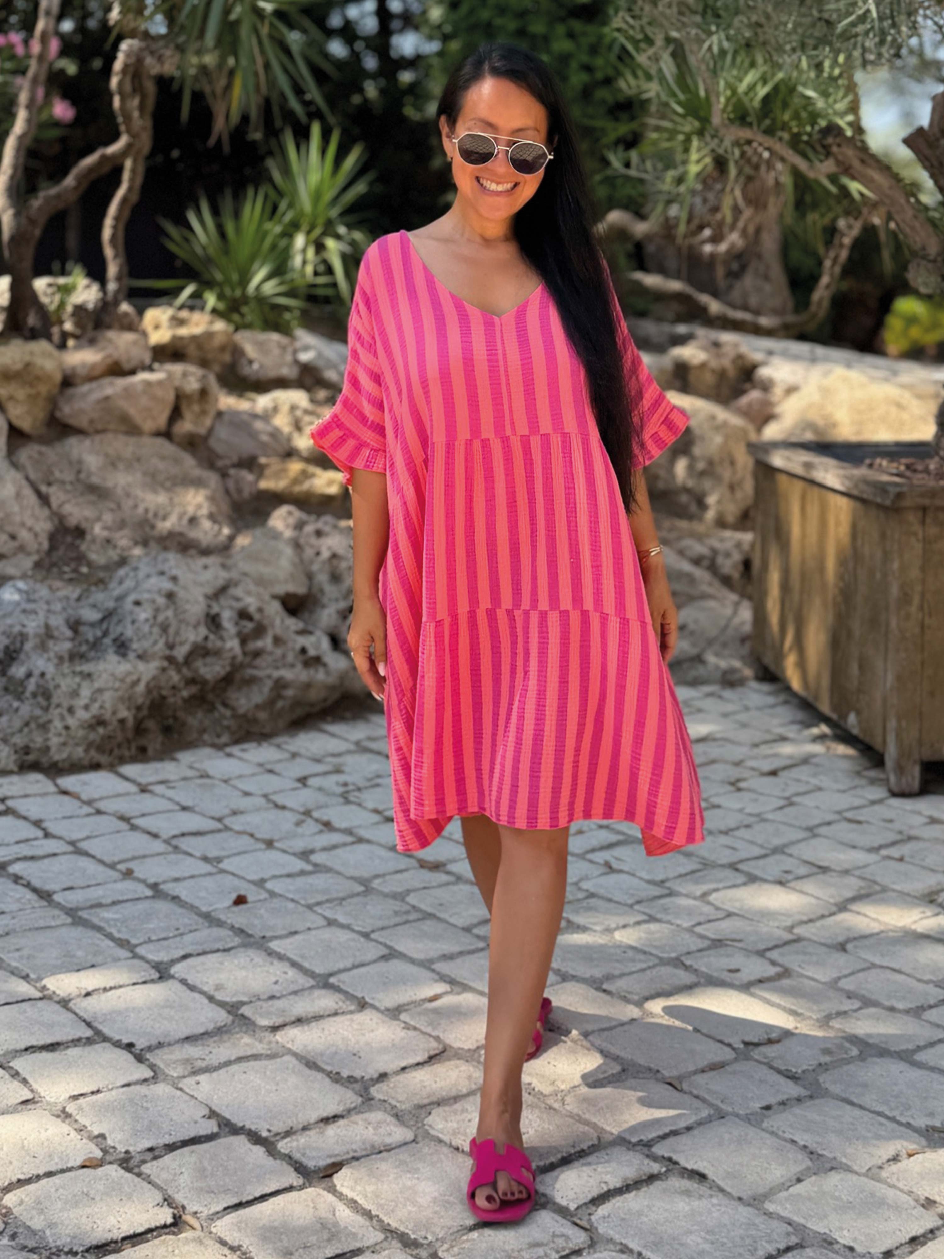 Musselin Tunika Midi mit V-Ausschnitt - STRIPES Flamingo Kiss