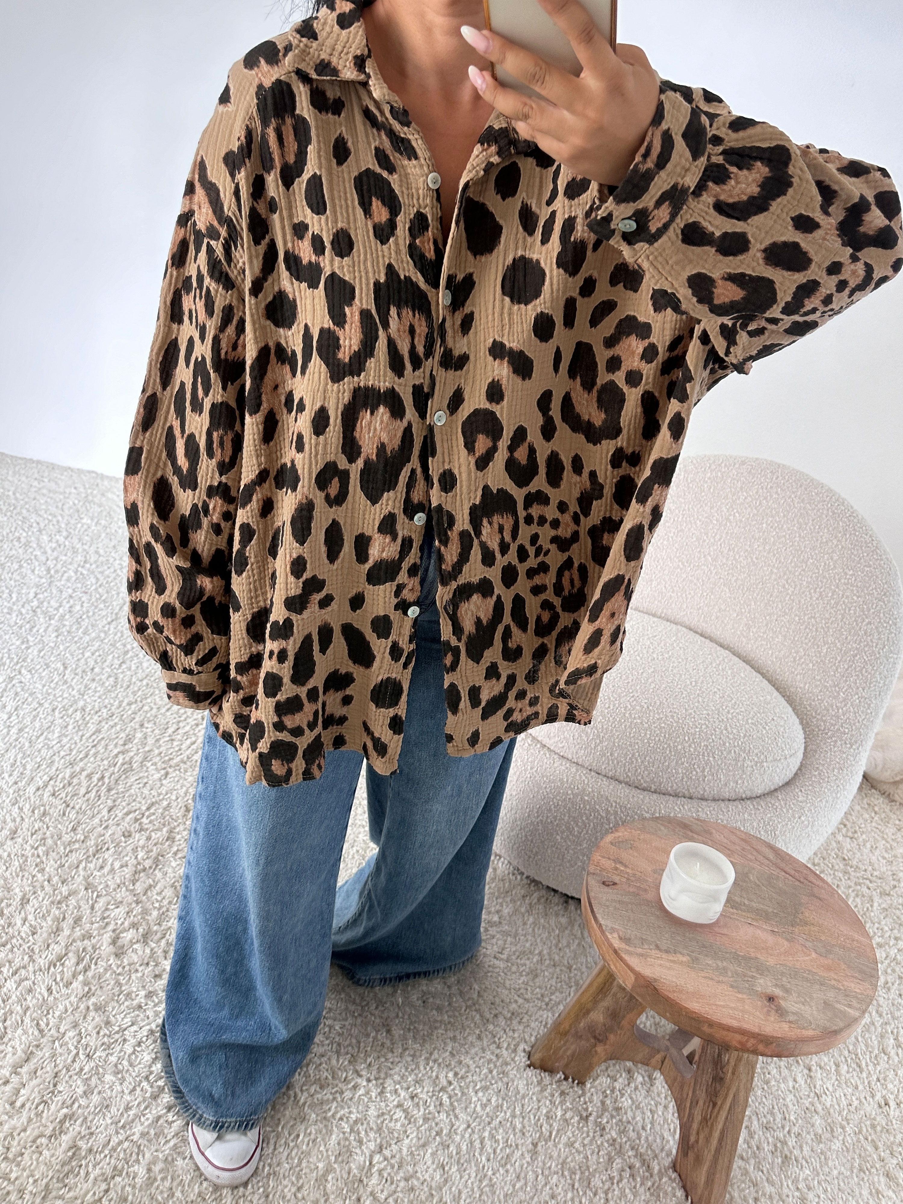 Musselin Midi Oversize Bluse - NALA - LEOPARD Camel Musselin Midi Oversize Bluse - NALA - LEOPARD Camel