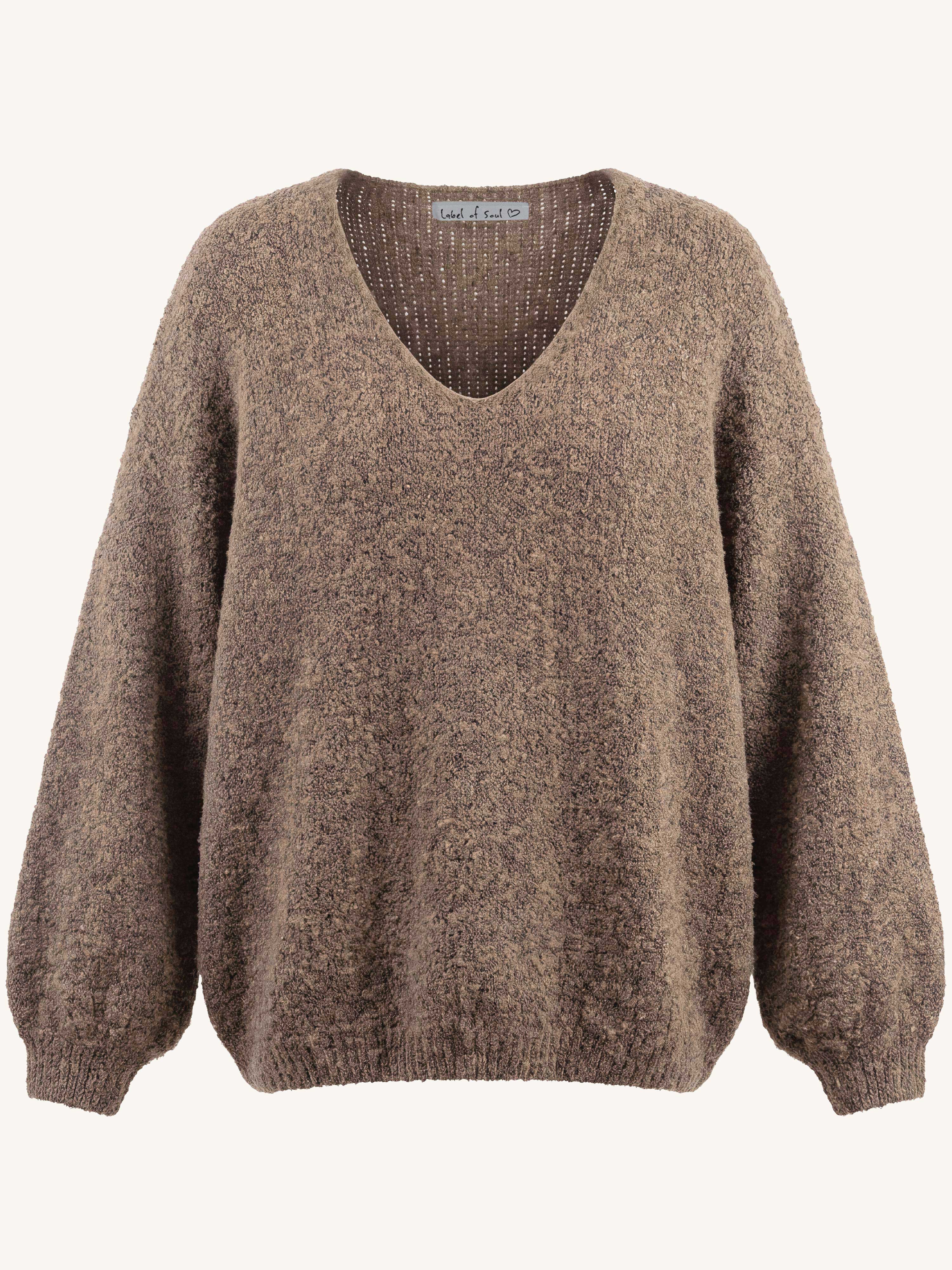 Oversize V-Ausschnitt Bouclé Strickpullover - Fango