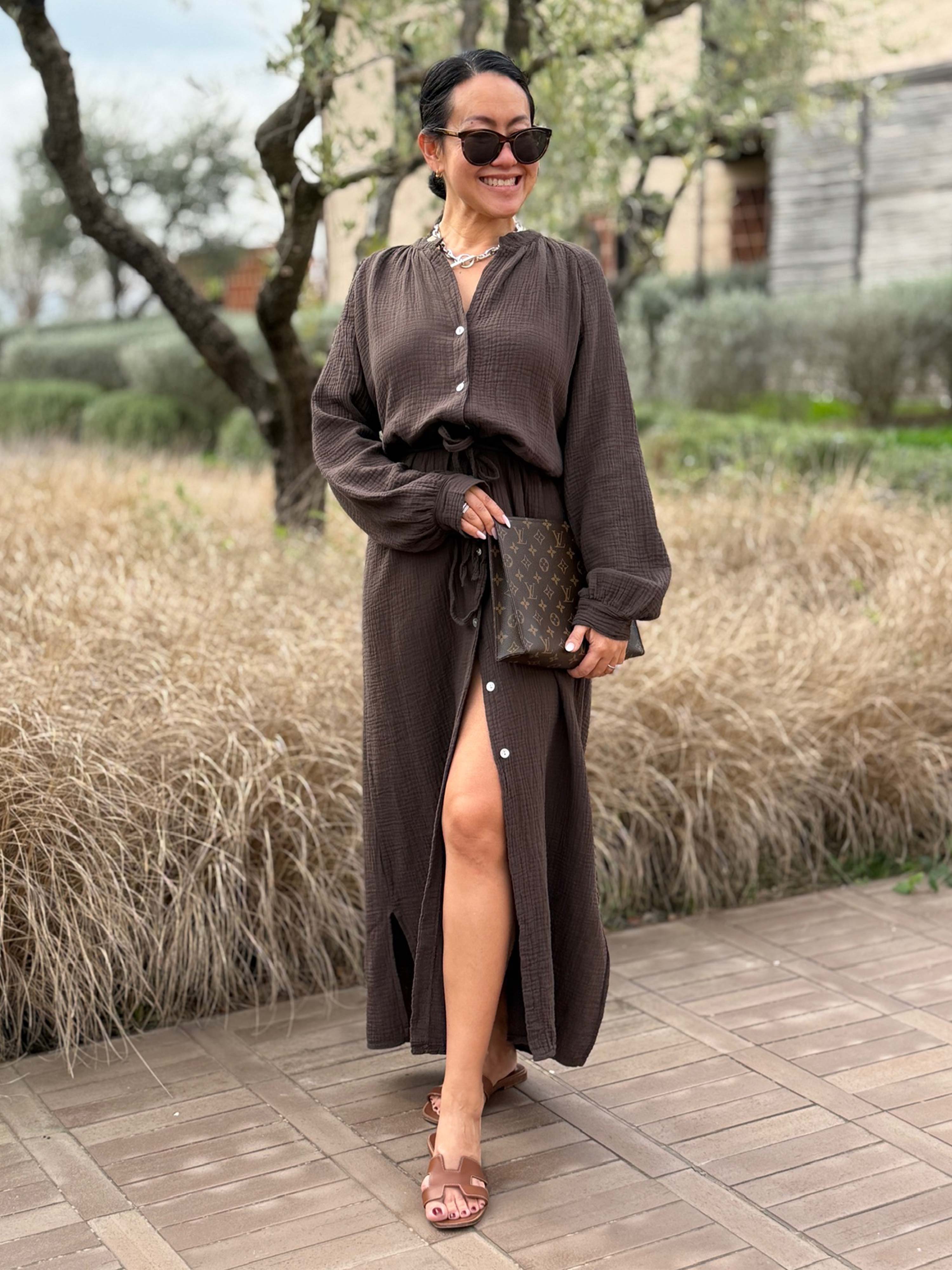 Musselin Oversize Kleid mit Gürtel - ONESIZE - Schoko