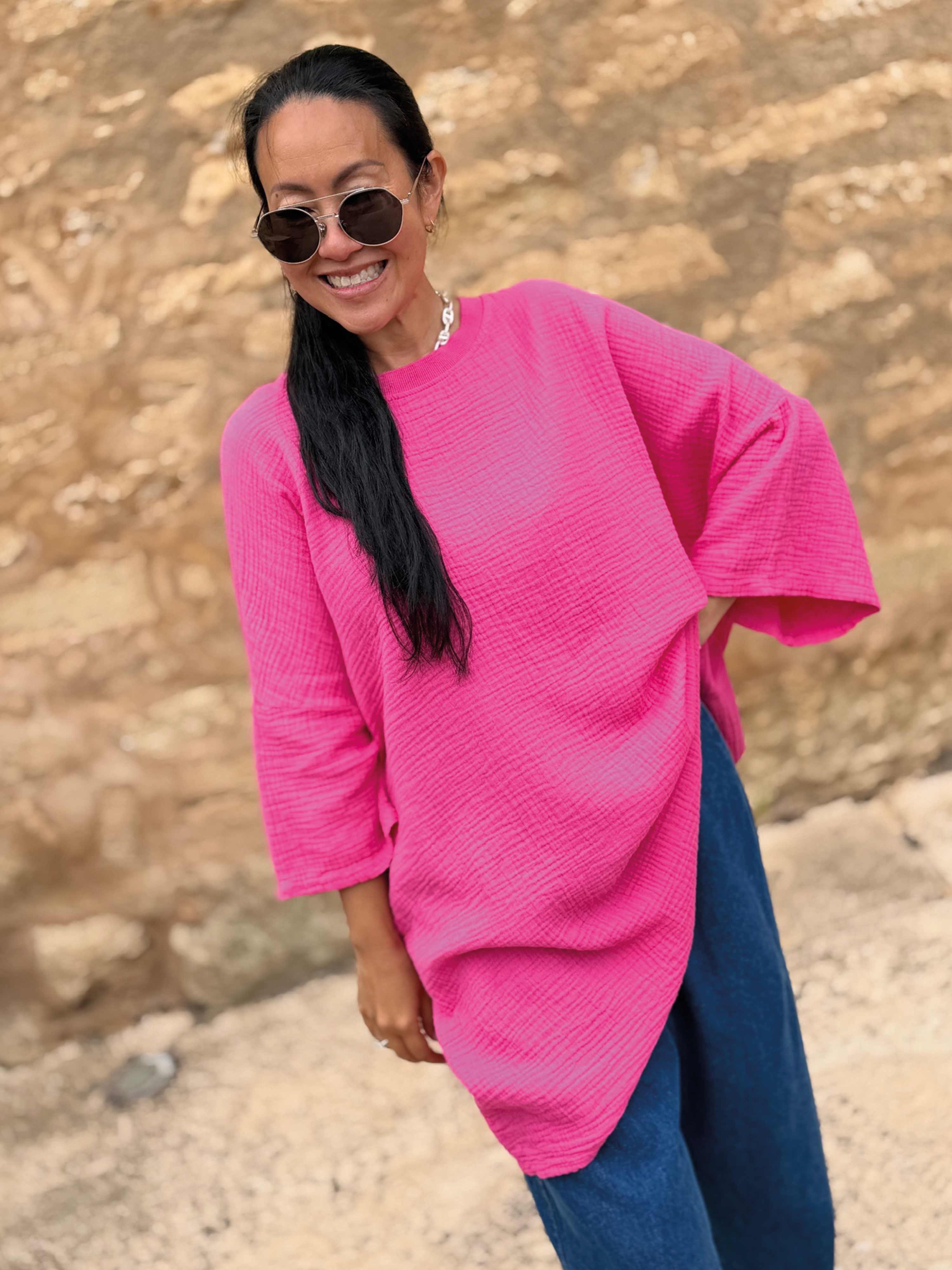 Musselin Oversize Kurzarm Shirt - Pink