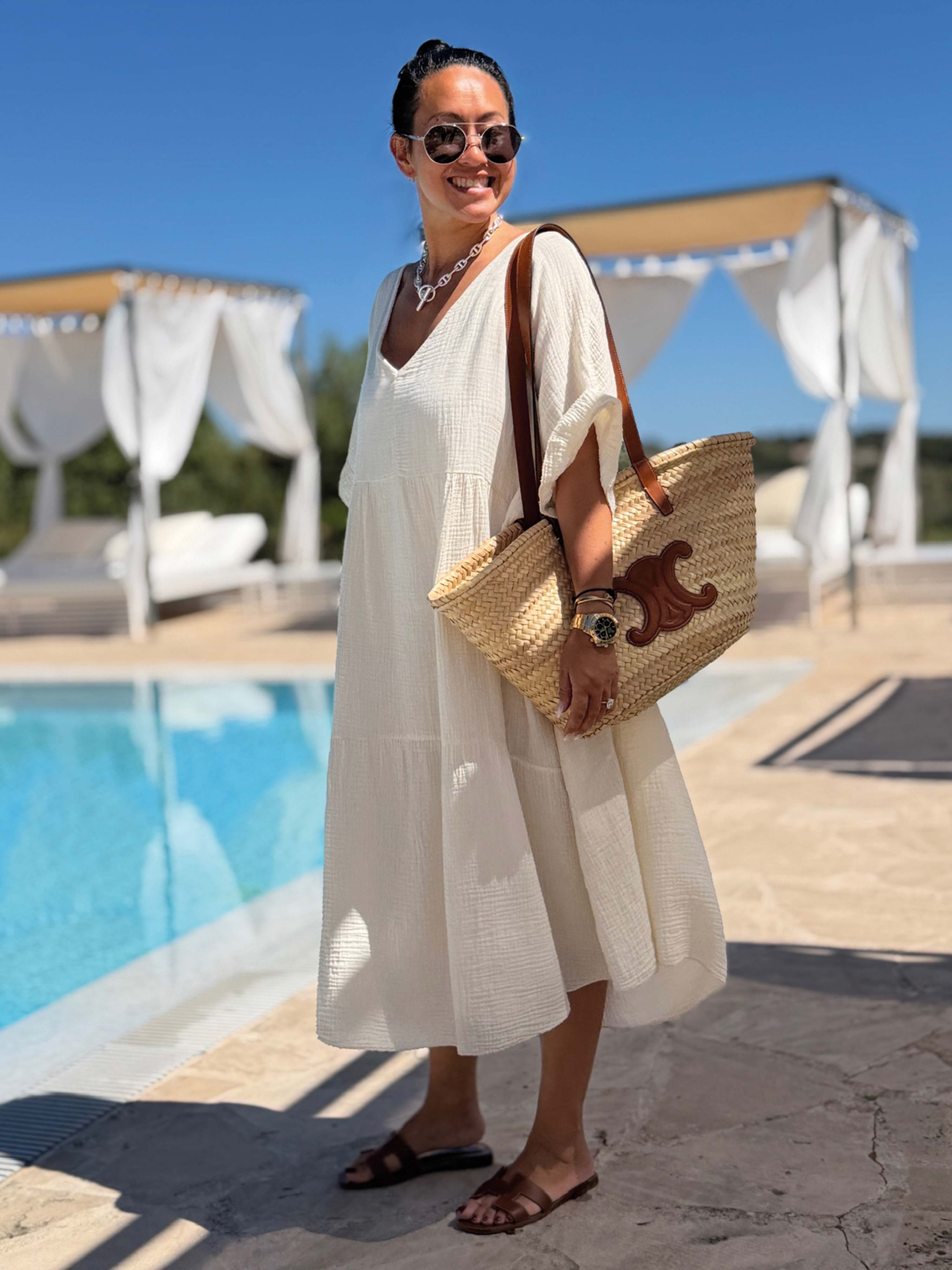 Musselin Tunika Long mit V-Ausschnitt - Vanille