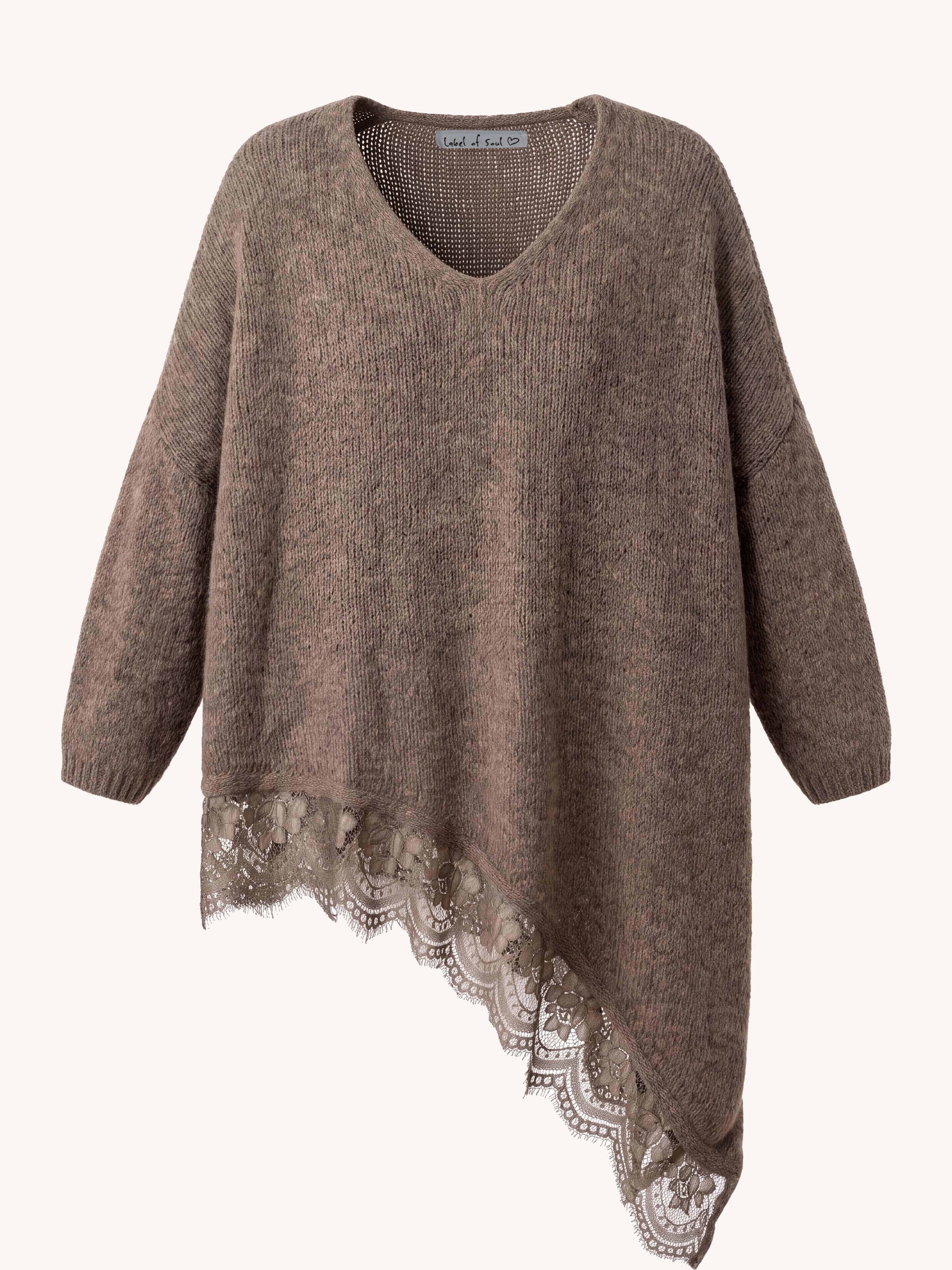 Oversize Strickpullover mit Spitzensaum - FLAUSCHI - Taupe