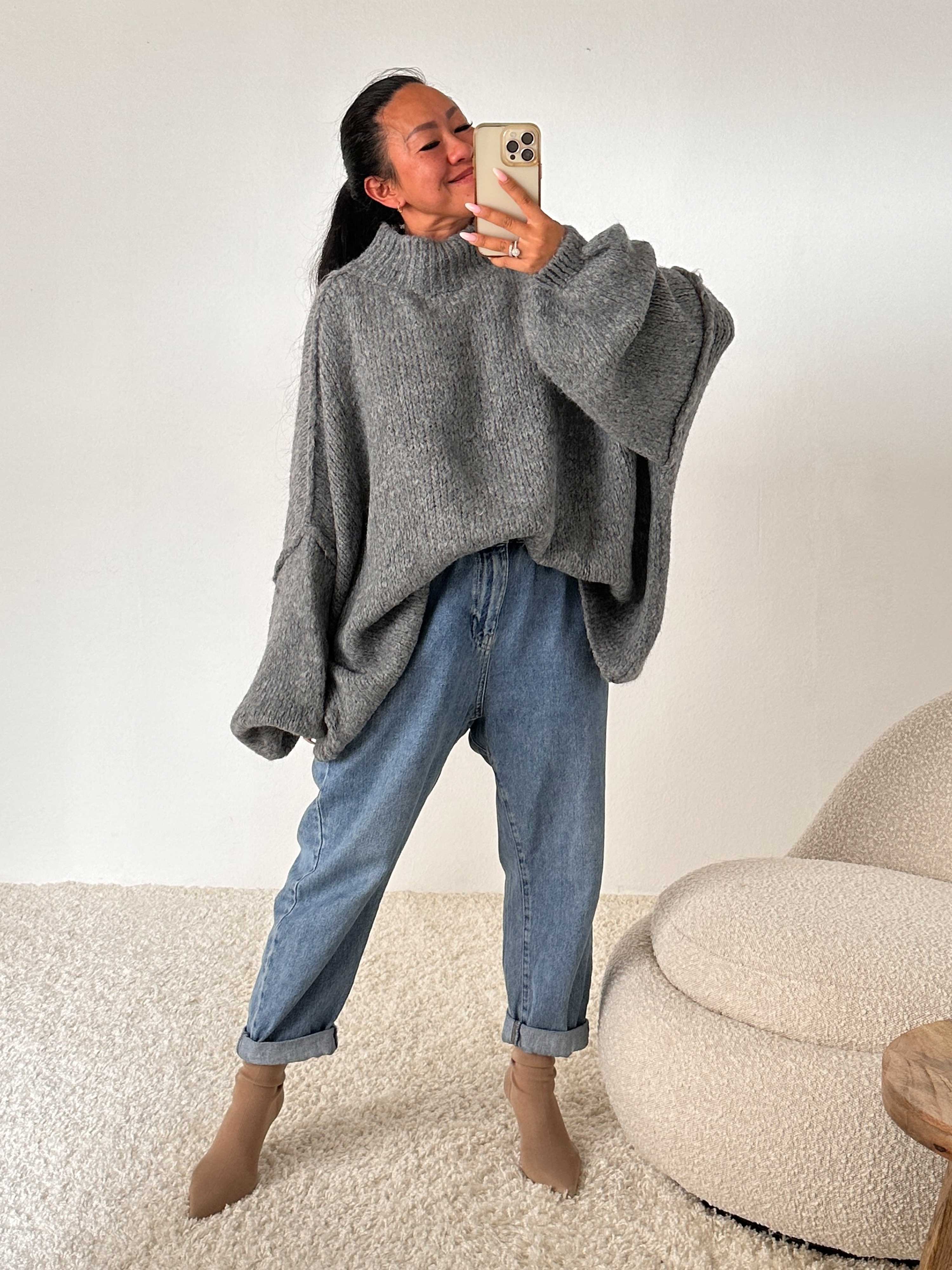 1040-Anthrazit Oversize Strickpullover mit Stehkragen FLAUSCHI - REGULAR - Anthrazit