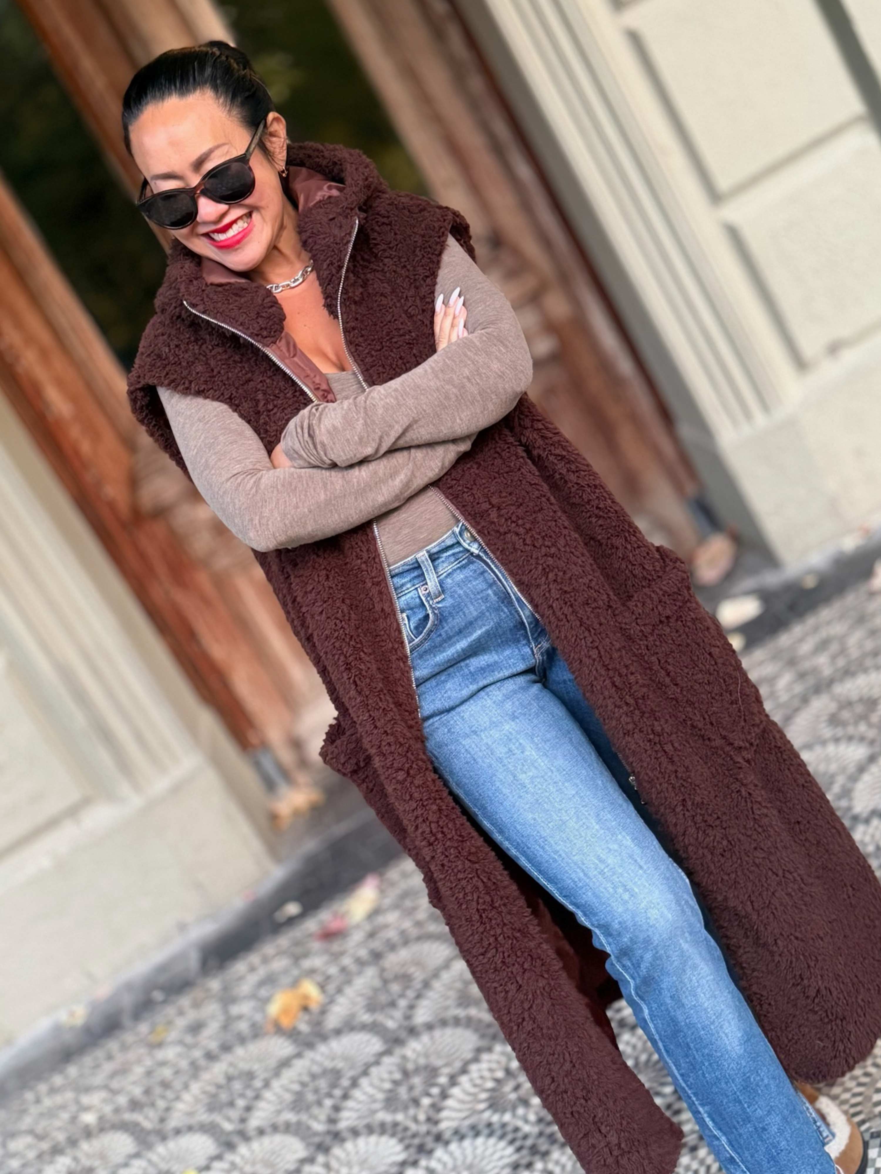 Teddylook Long Weste mit Kapuze - Schoko