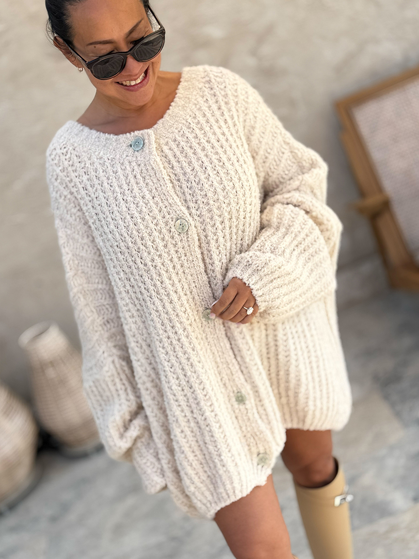 Oversize Bouclé Grob Strickjacke - Creme