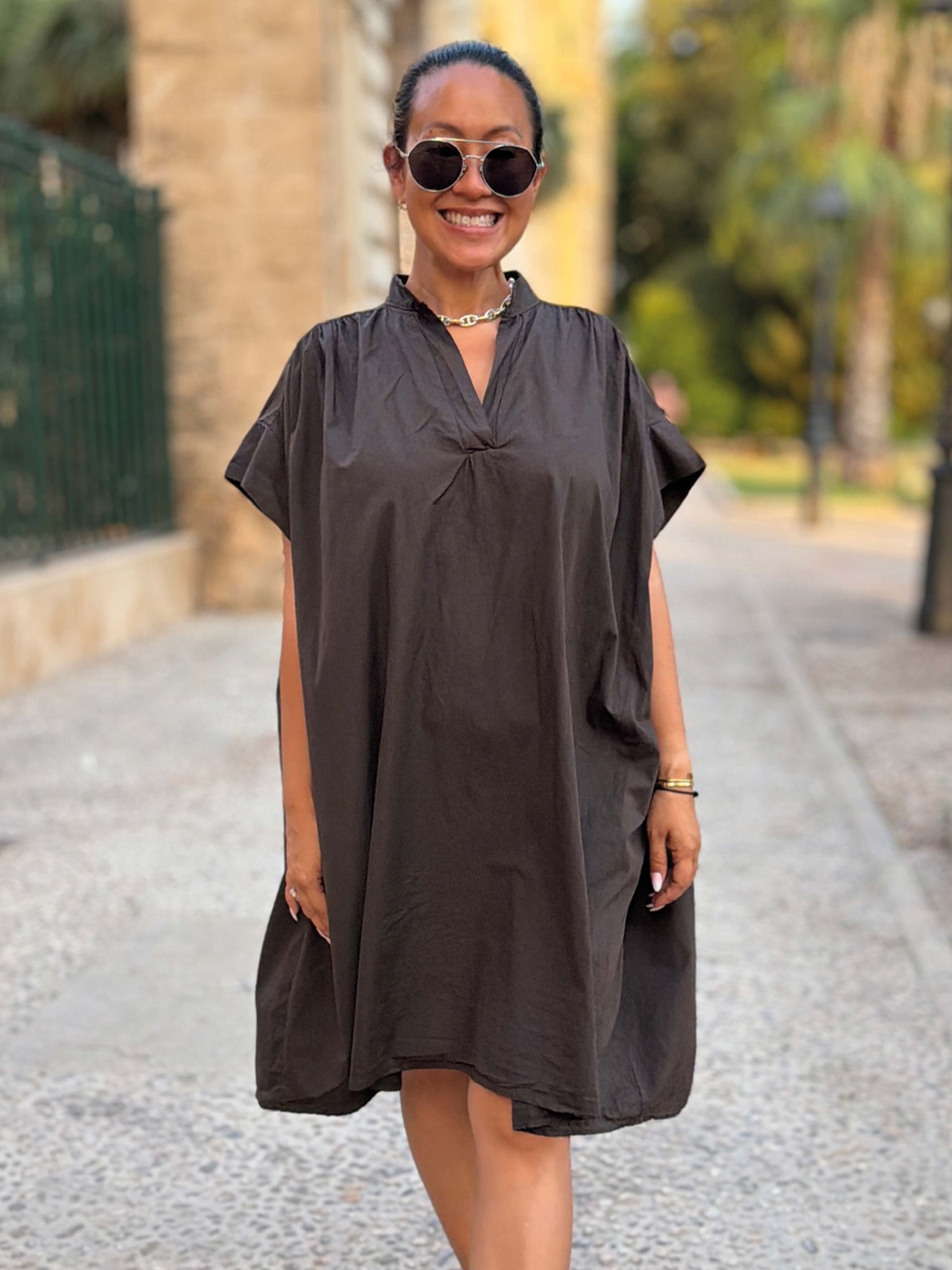 Cotton Vokuhila Oversize Tunika Midi mit Taschen - Schoko