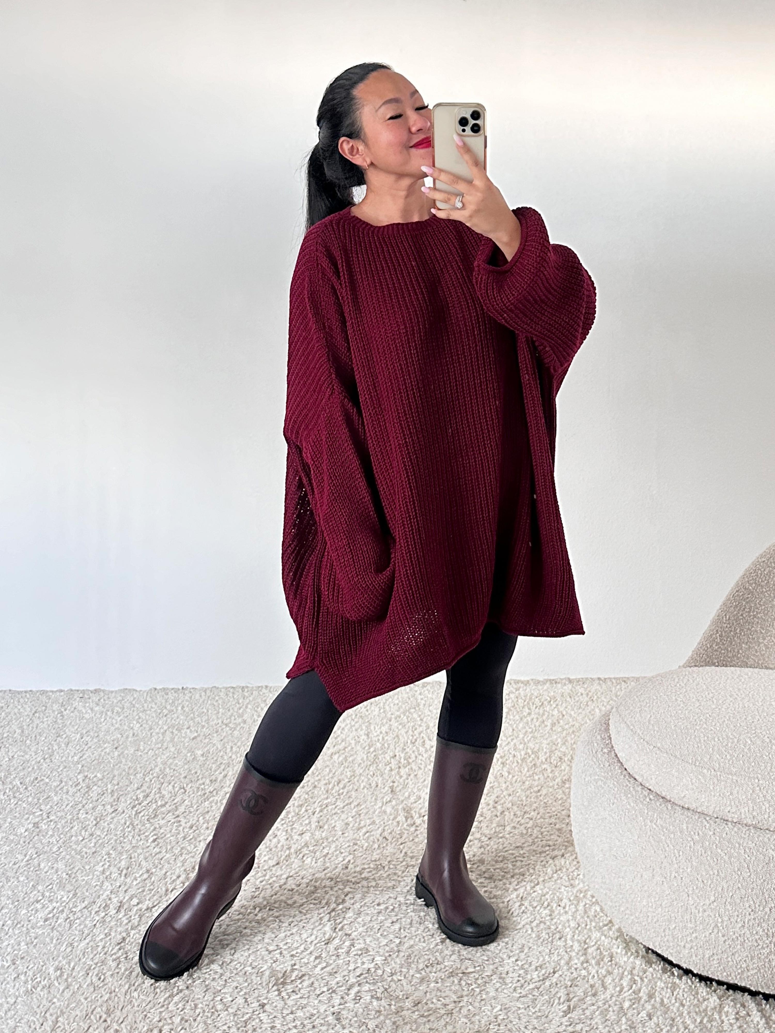 Schwerstrickpullover mit Seitenschlitz - CURVY - Burgunder