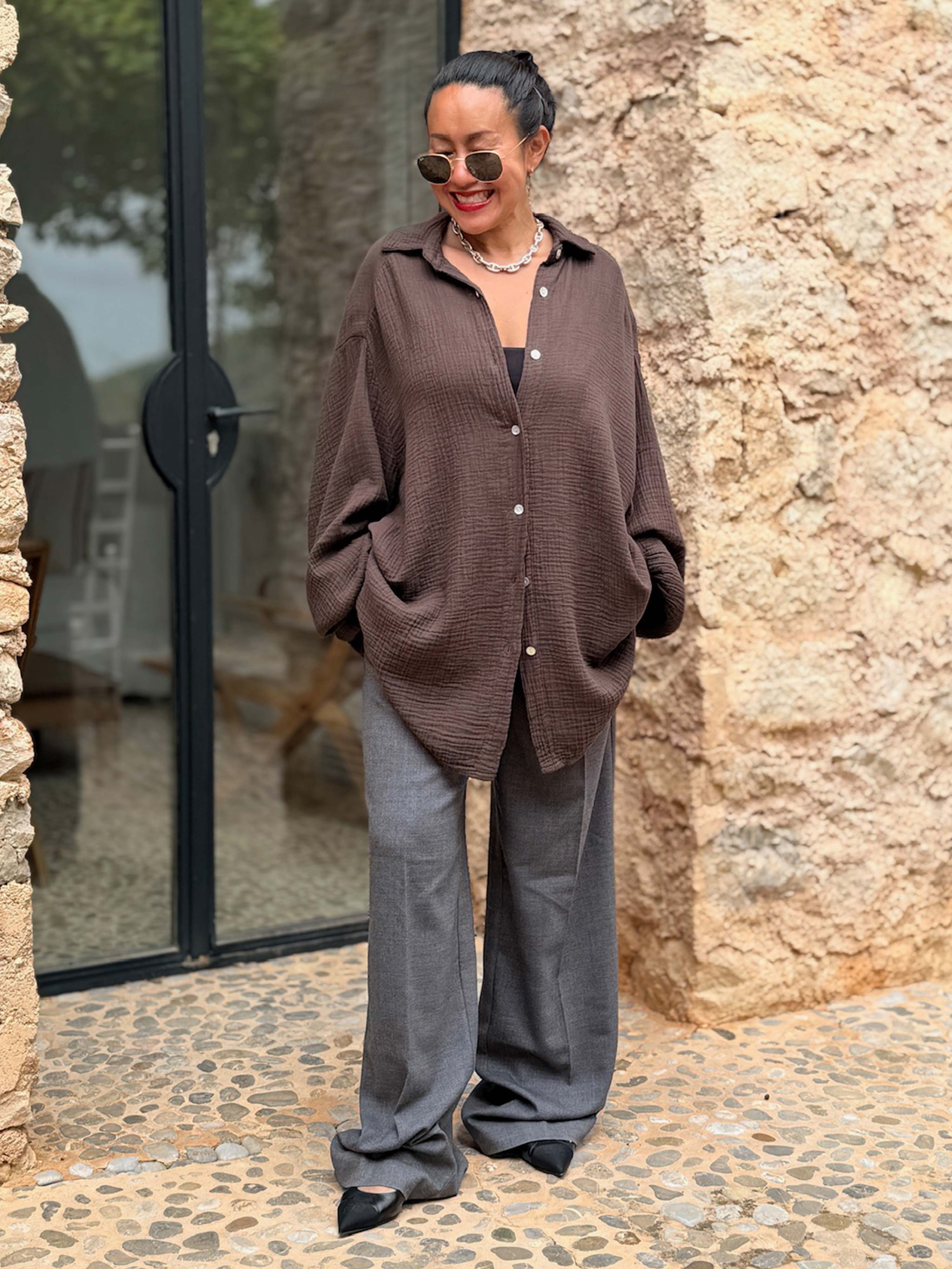 Musselin Midi Oversize Bluse - Schoko Musselin Midi Oversize Bluse - Schoko