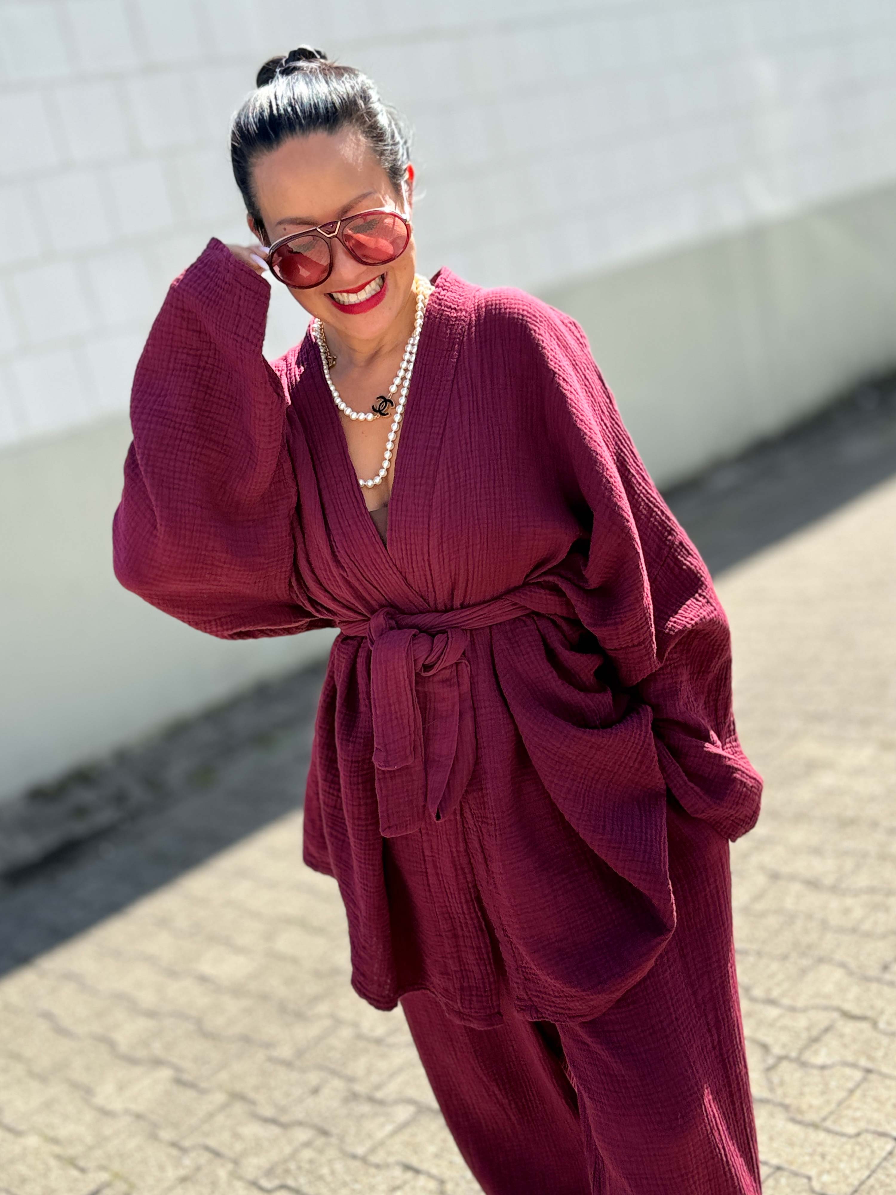 Musselin Wickel Kimono Jacke - NAMASTE - Burgunder
