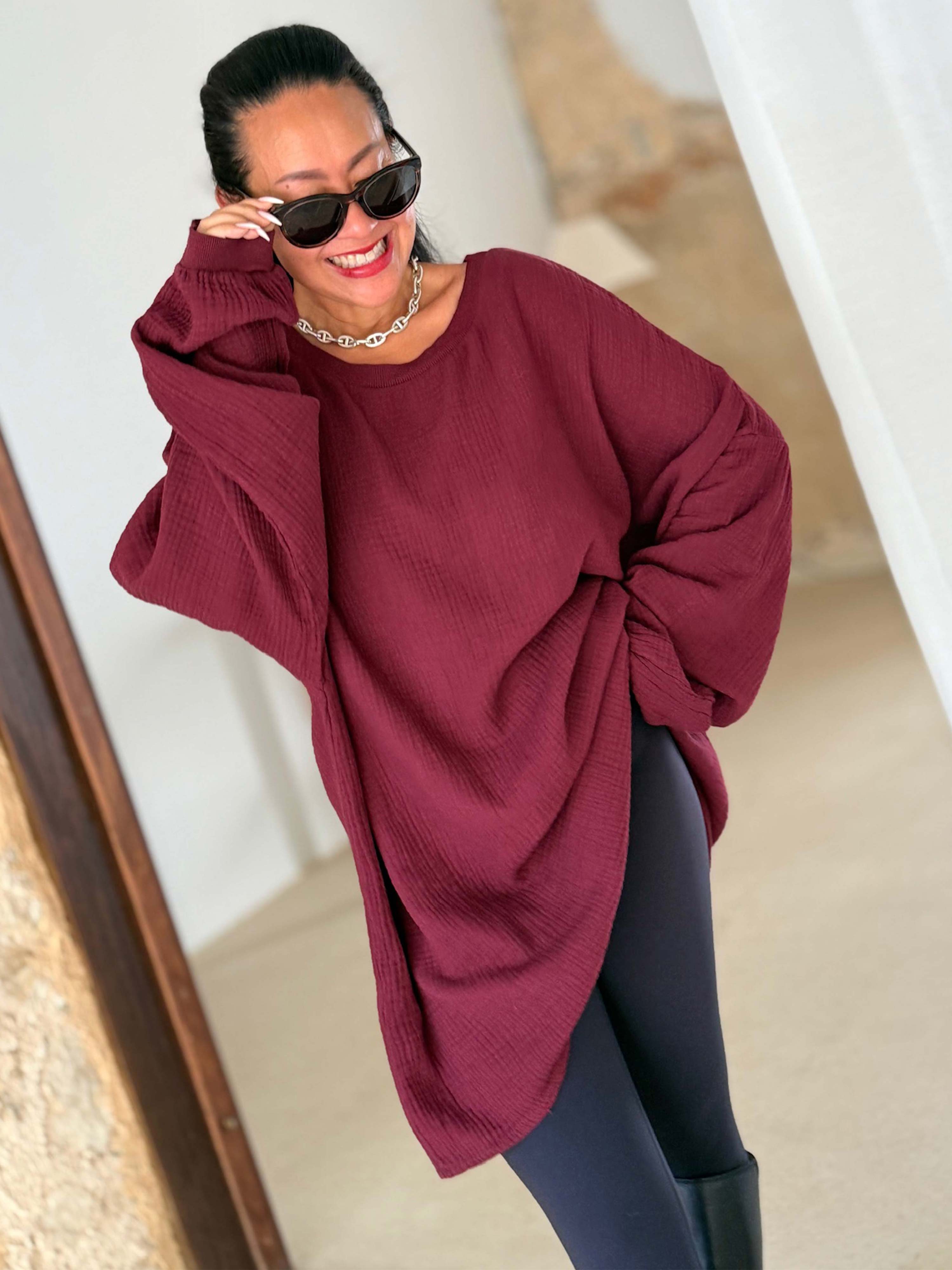 Musselin Oversize Sweatshirt - Burgunder