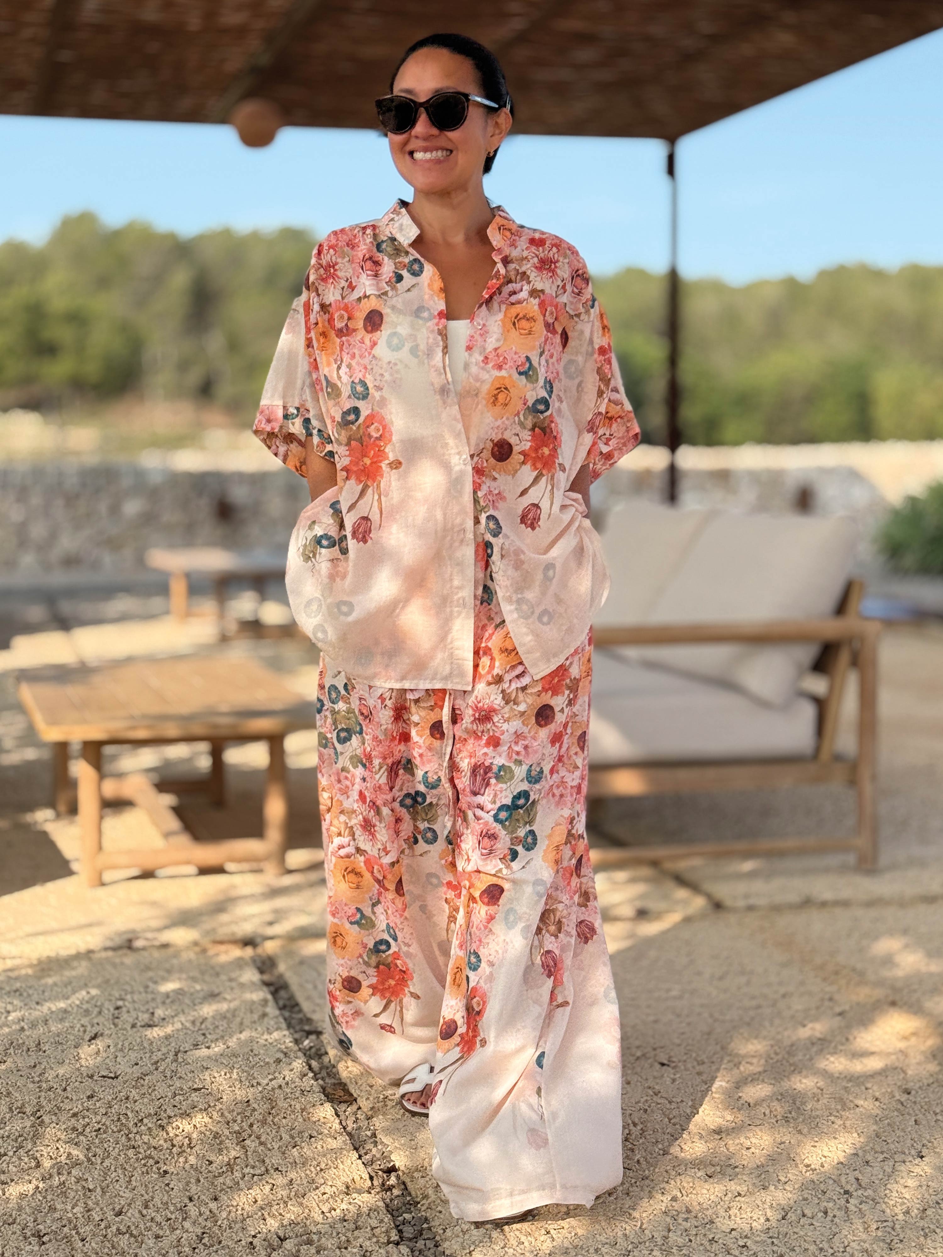 Cotton Oversize Kurzarm Bluse Midi - MILLE FLEURS - Creme Cotton Oversize Kurzarm Bluse Midi - MILLE FLEURS - Creme