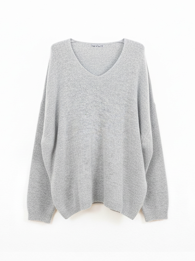 V-Ausschnitt Strickpullover mit Alpakawollanteil - Grau