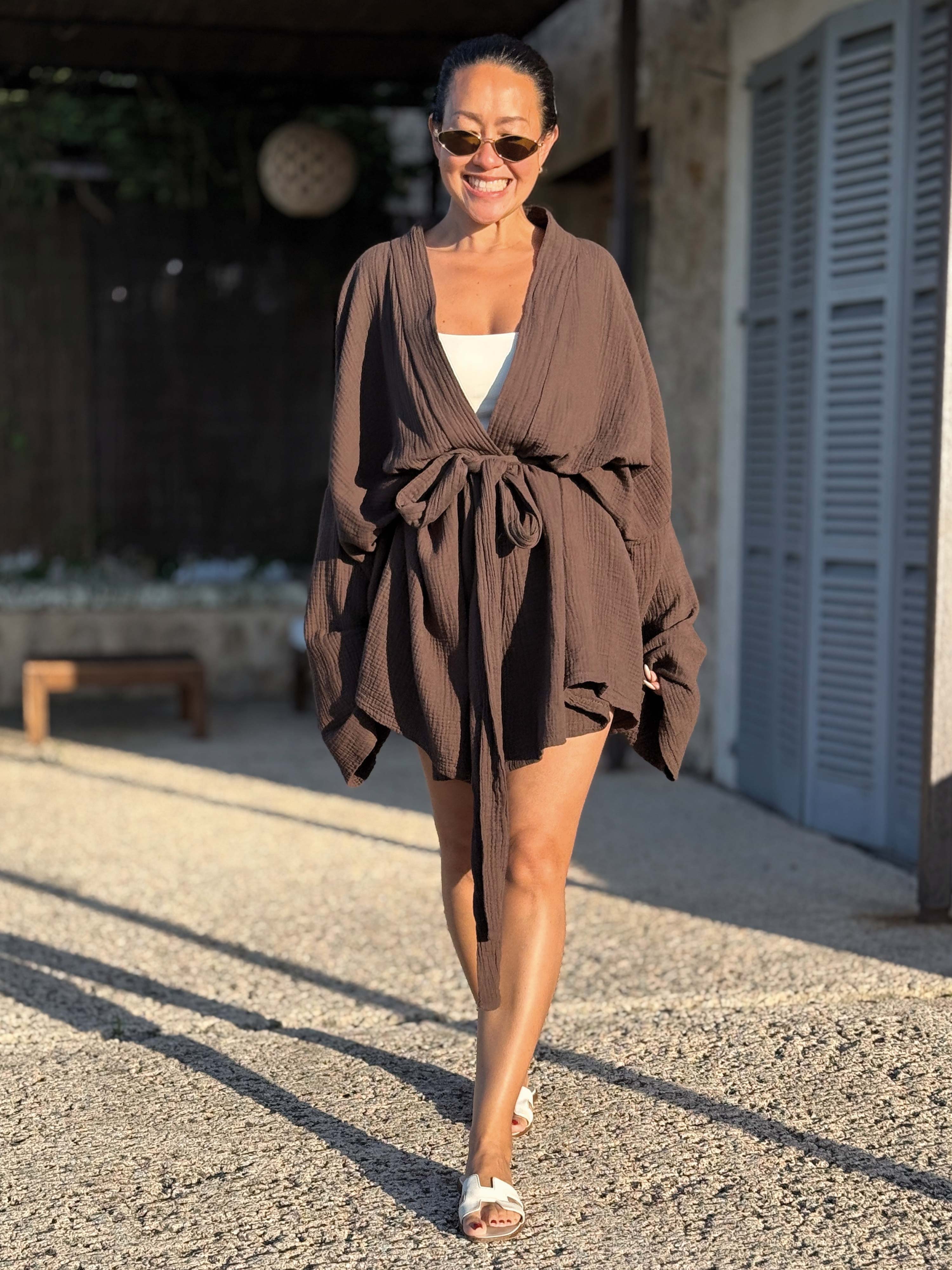 Musselin Wickel Kimono Jacke - NAMASTE - Schoko
