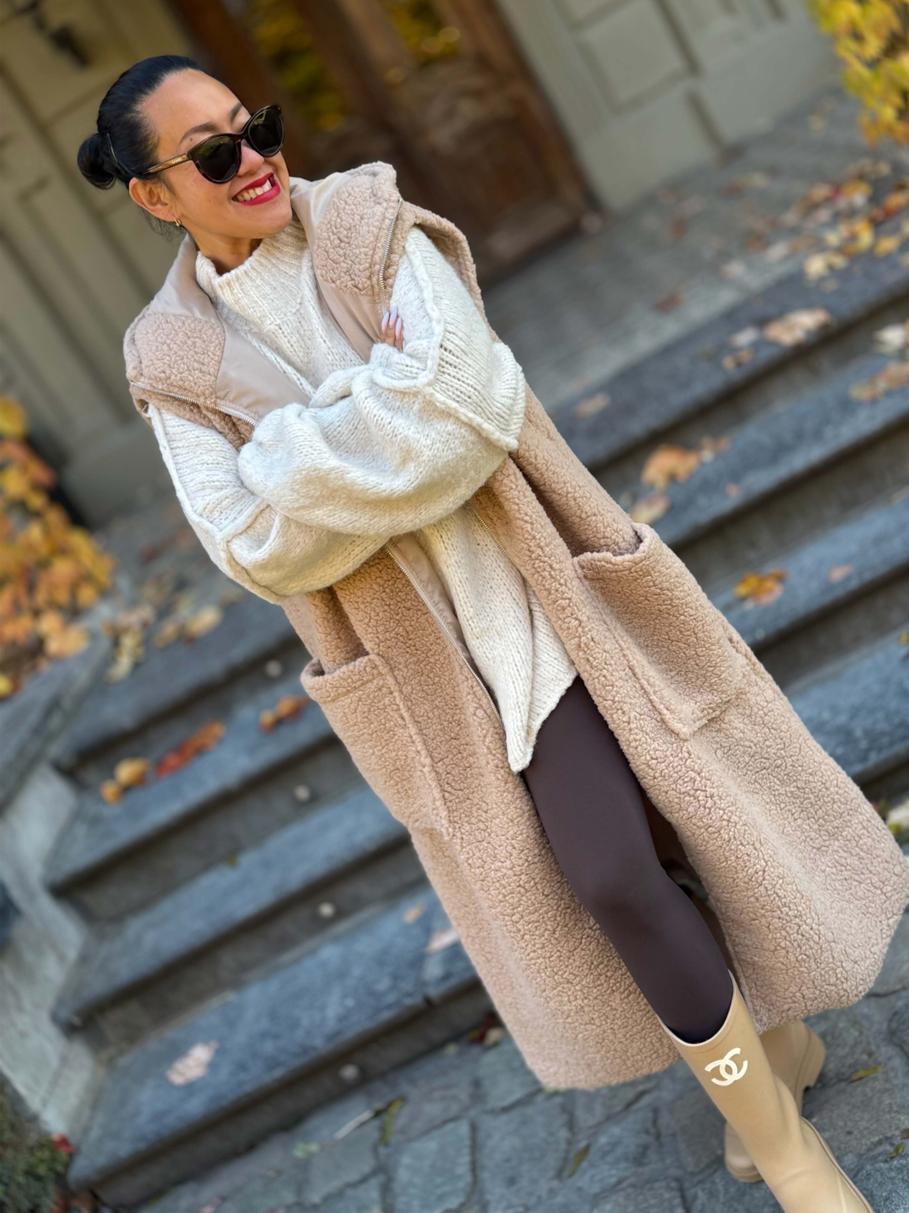 Teddylook Long Weste mit Kapuze - Oatmeal