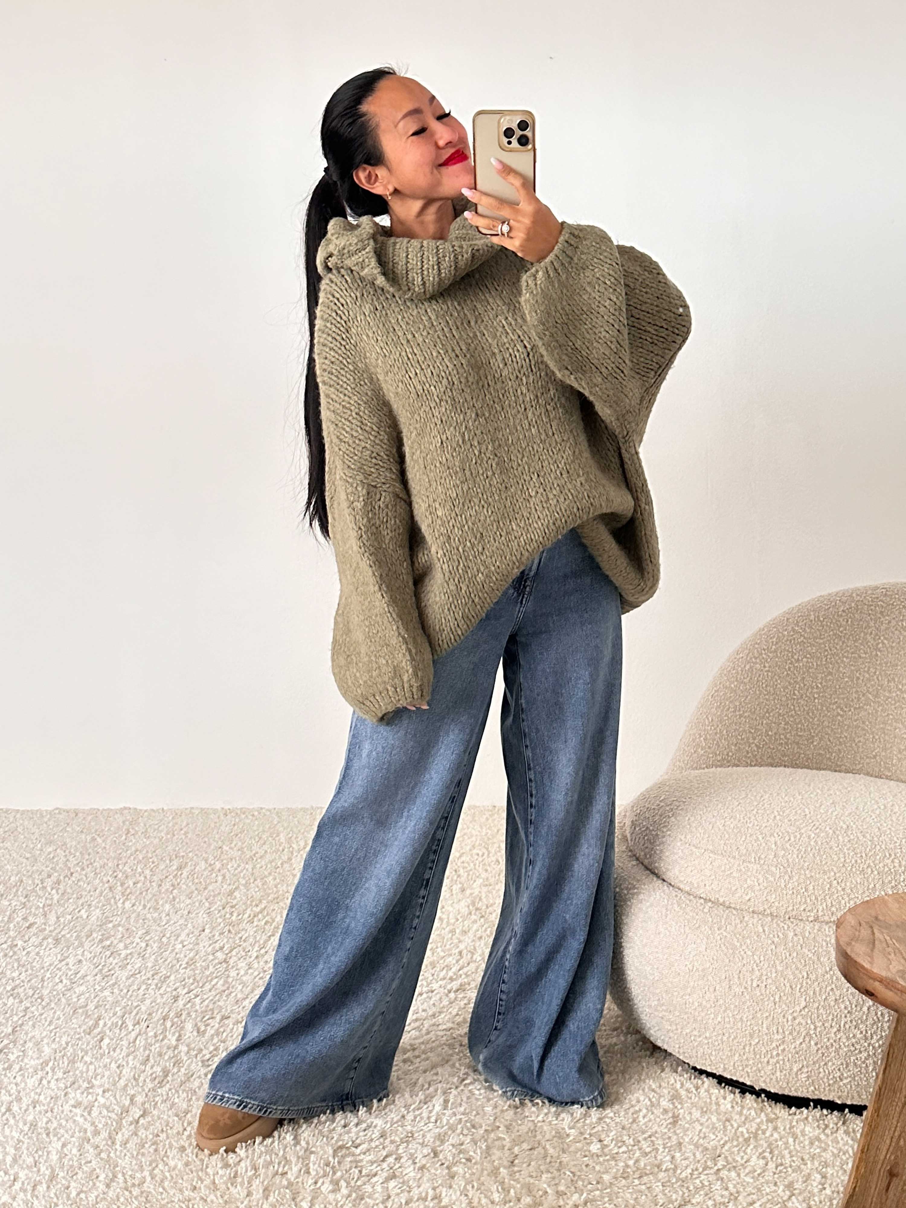 Oversize WINTER Pullover mit Schalkragen - FLAUSCHI - Matcha
