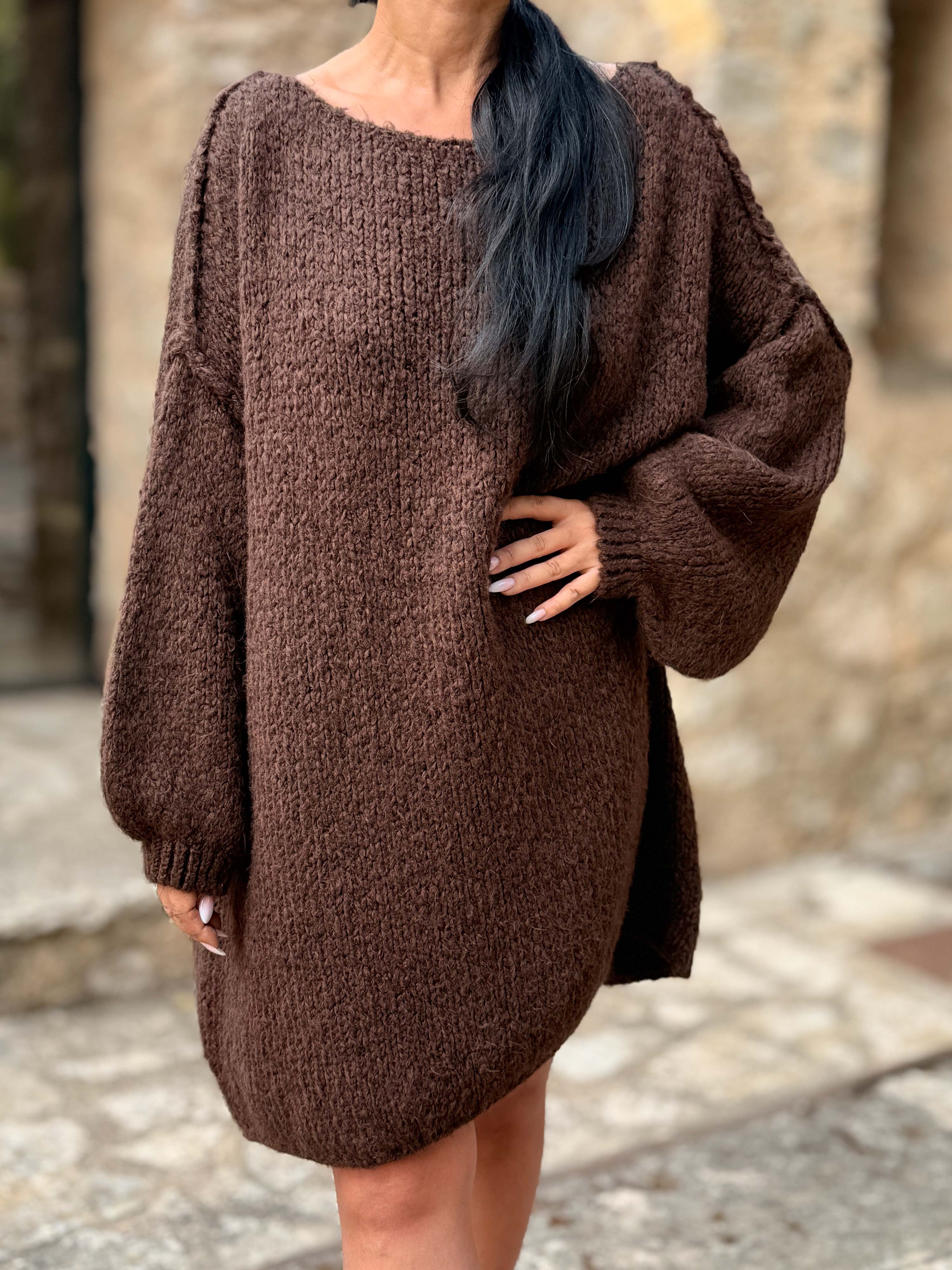 Oversize Long Strickpullover - FLAUSCHI - Schoko