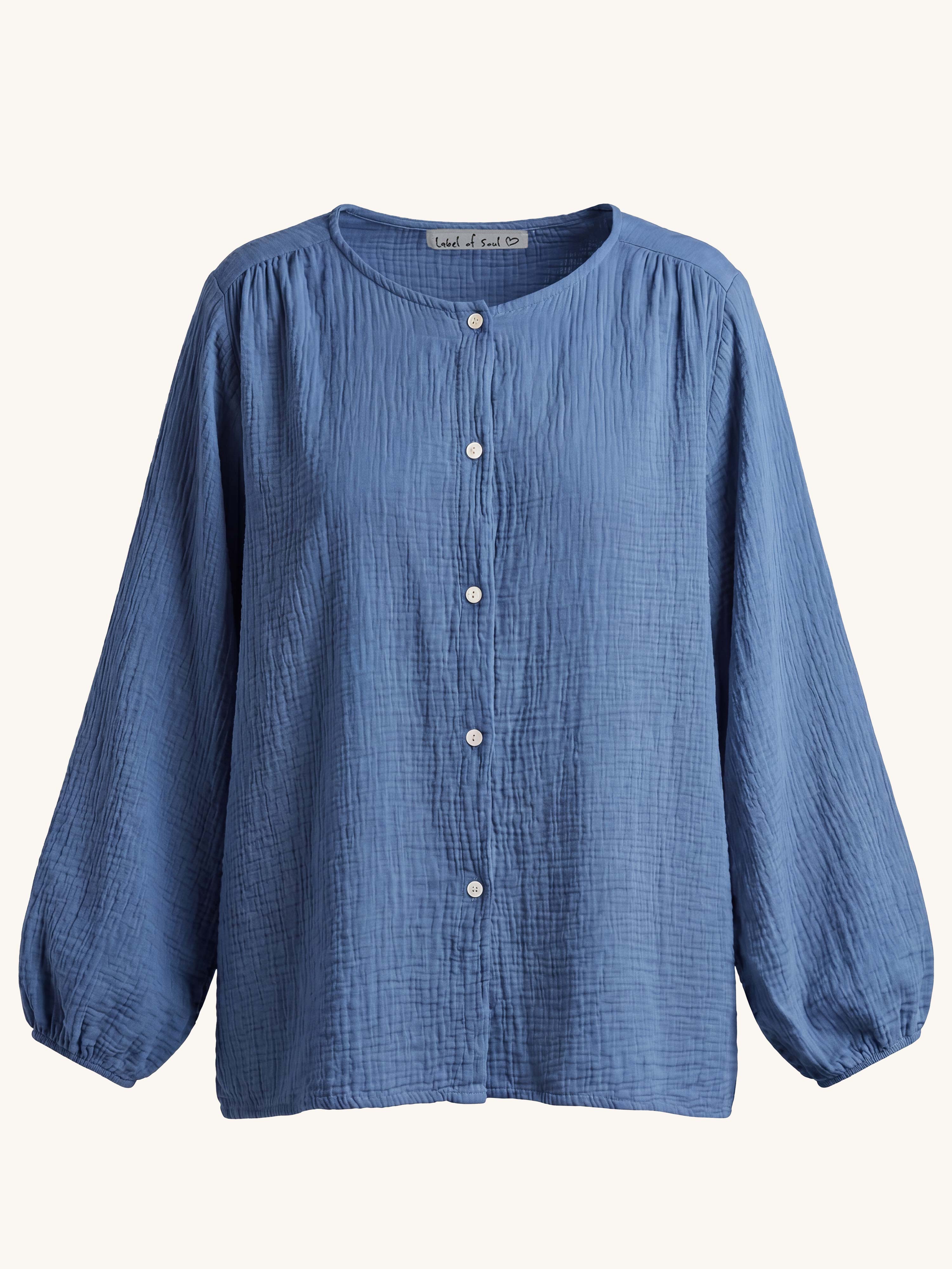 Musselin Oversize Bluse mit Rundhalsausschnitt - Jeansblau
