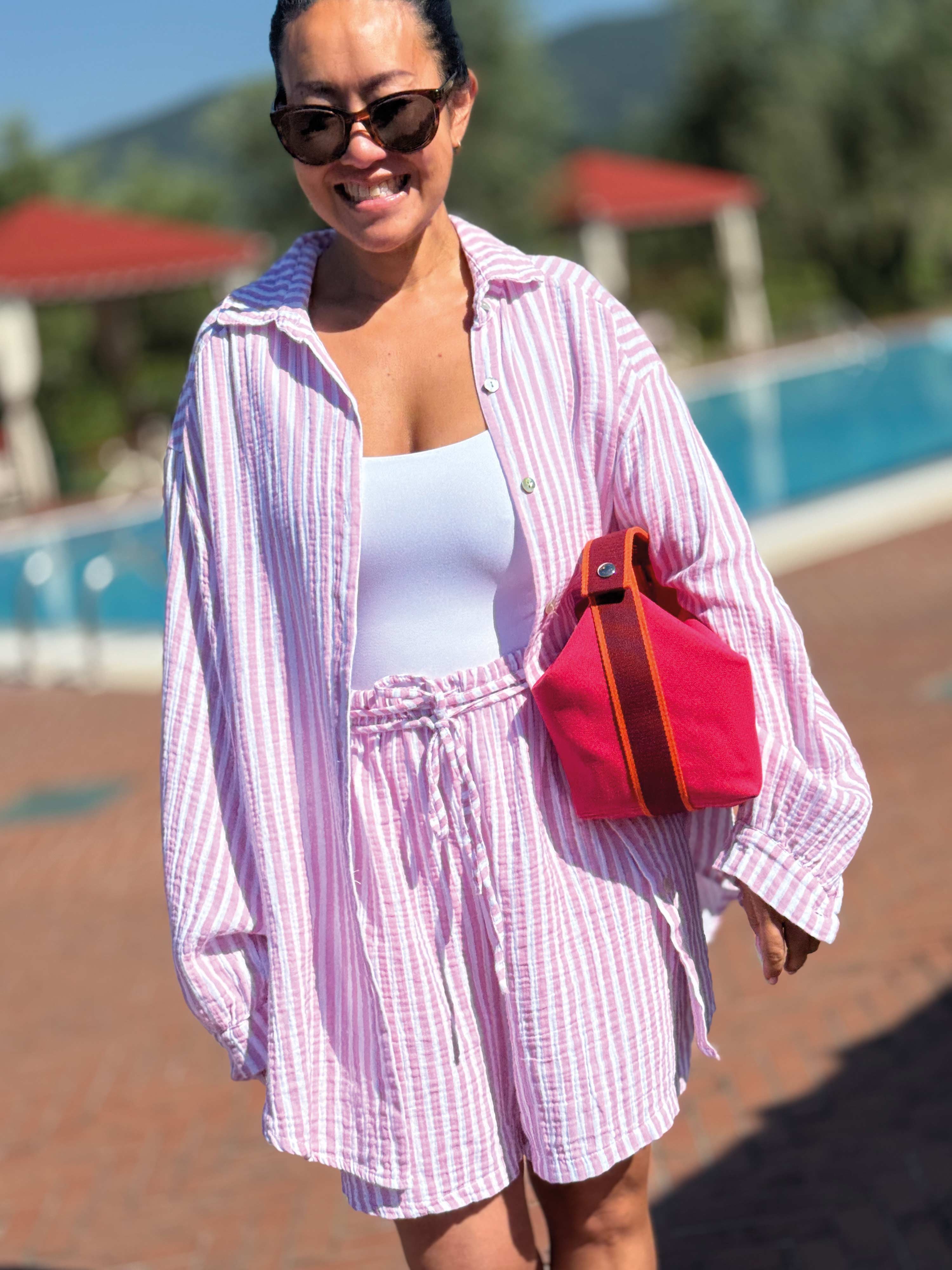 Musselin Midi Oversize Bluse - SUMMER BREEZE - Stripes Rosa