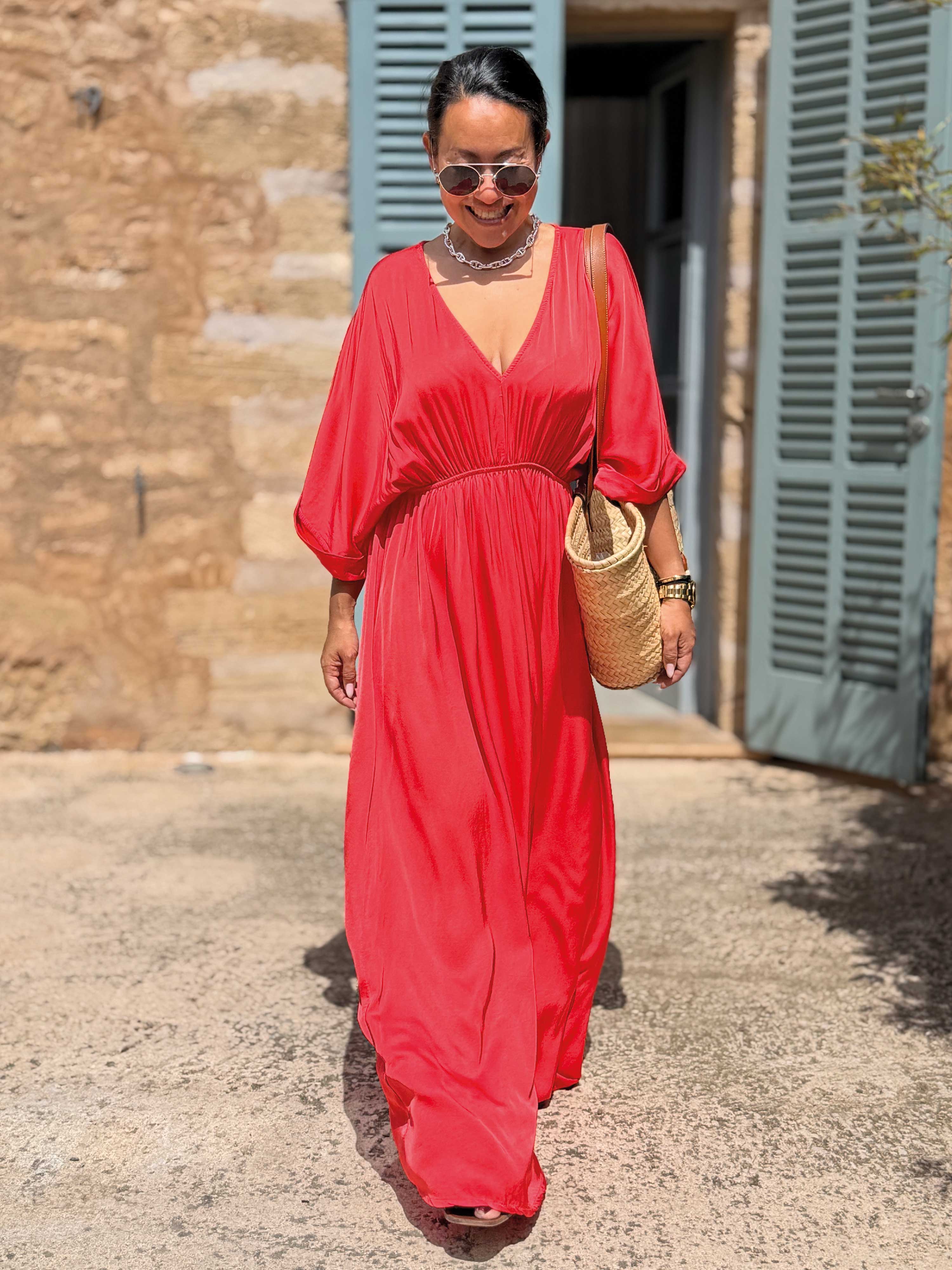 Viskose Kleid mit V-Ausschnitt - ONESIZE - Watermelon