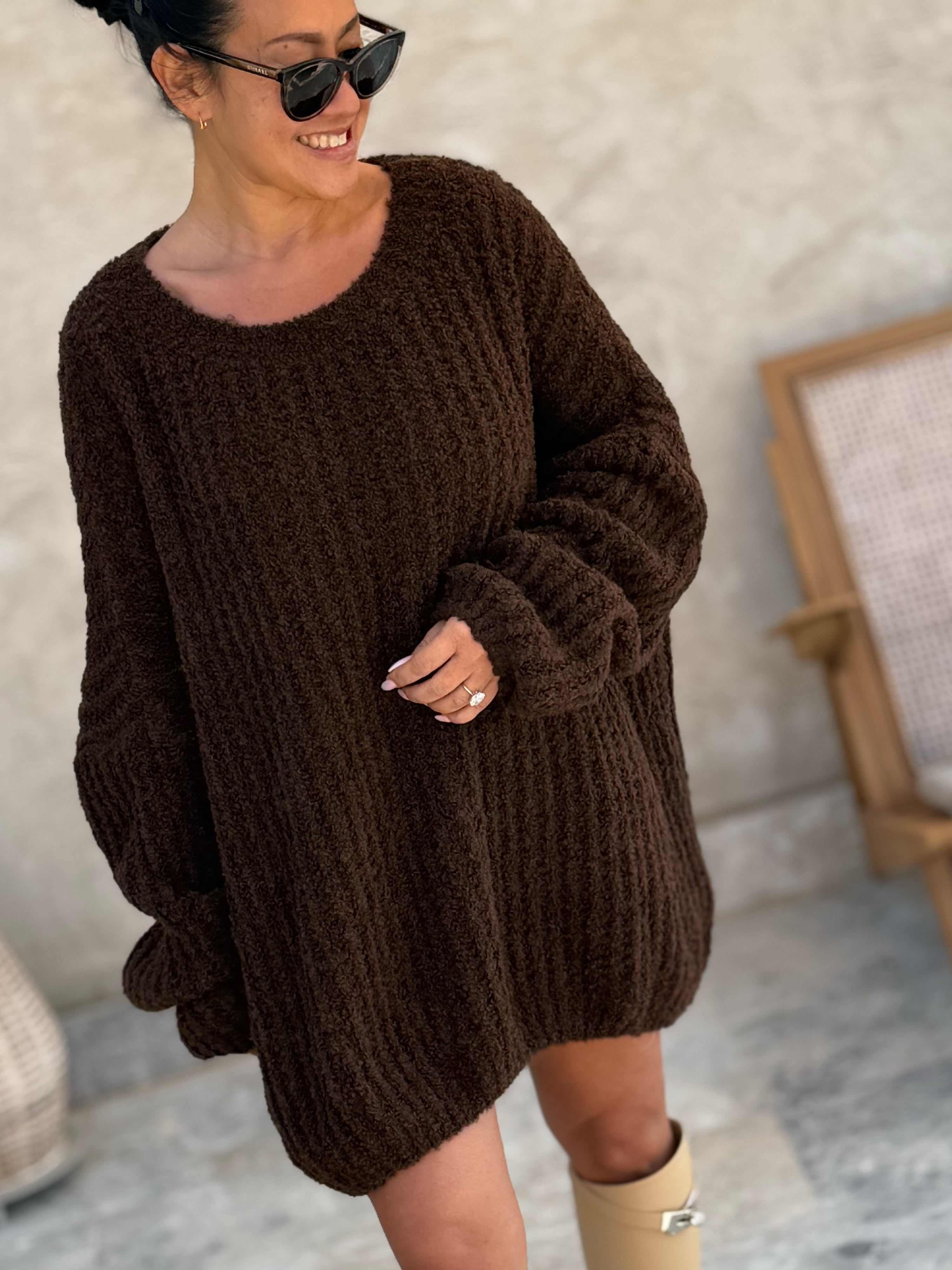 Oversize Bouclé Grob Strickpullover - Schoko